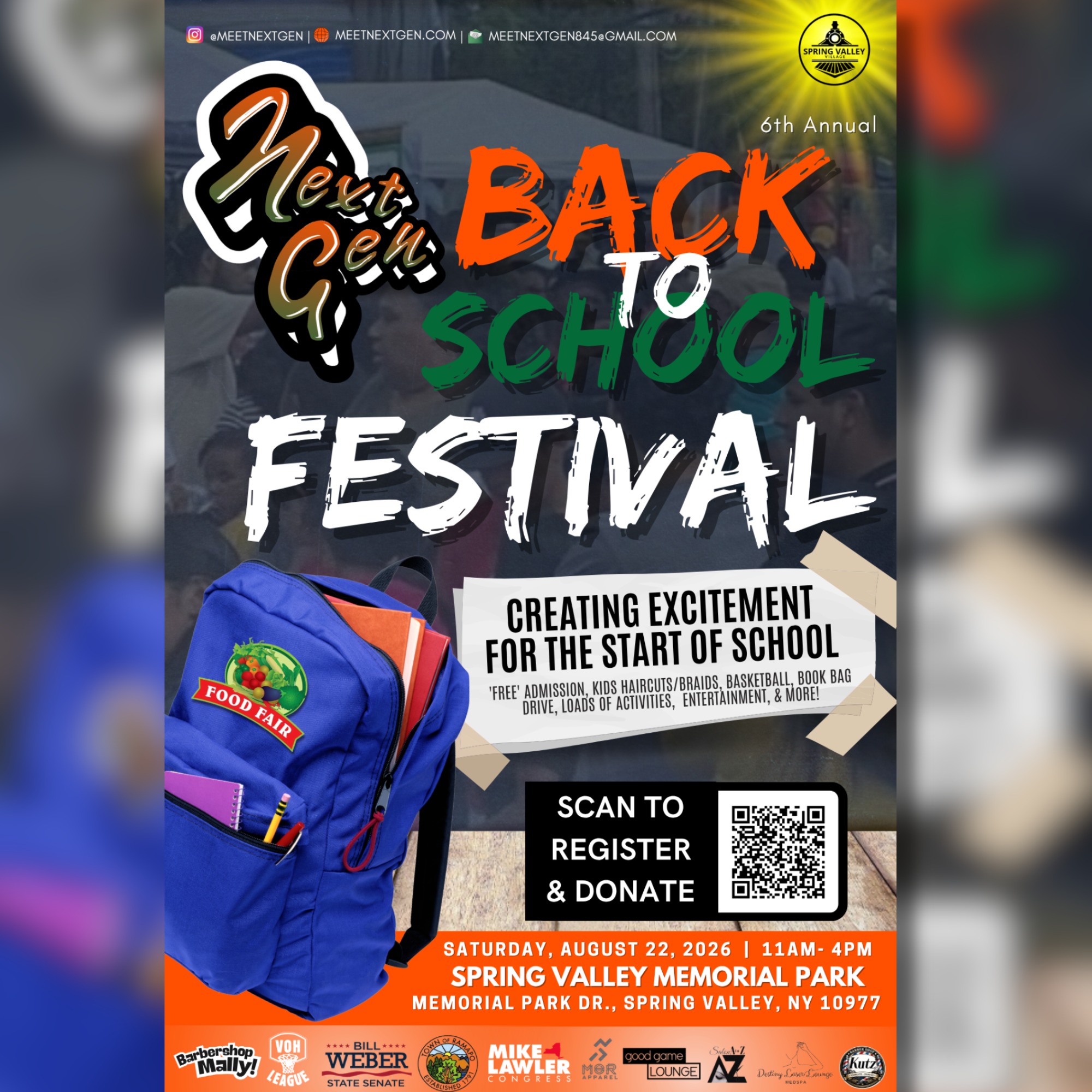🎒 REGISTRATION IS NOW OPEN! 🎒
Join us for the 6th Annual Meet Next Gen Back to School Festival on Saturday, August 22, 2026, from 11:00 AM – 4:00 PM at Spring Valley Memorial Park!
This FREE community event will provide:
✅ Bookbags & School Supplies
✅ Free Haircuts & Hair Braiding
✅ Clothing Distribution
✅ Community Resources
✅ Family Activities & Entertainment
✅ Open Mic Opportunities
✅ Local Vendors & Community Organizations
We're also seeking vendors, sponsors, and community partners who want to make a lasting impact on students and families across Rockland County.
Vendor spaces are limited, and sponsorship opportunities are available now. Early registration is encouraged to maximize promotional and social media recognition leading up to the event.
🎟 Register today:
www.MeetNextGen.com
Together, we're helping students start the school year prepared, confident, and ready to succeed.
#MeetNextGen #BackToSchoolFestival #RocklandCounty #CommunityStrong #YouthEmpowerment #SchoolSupplies #SupportOurYouth #SpringValleyNY #CommunityPartnership #BackToSchool2026