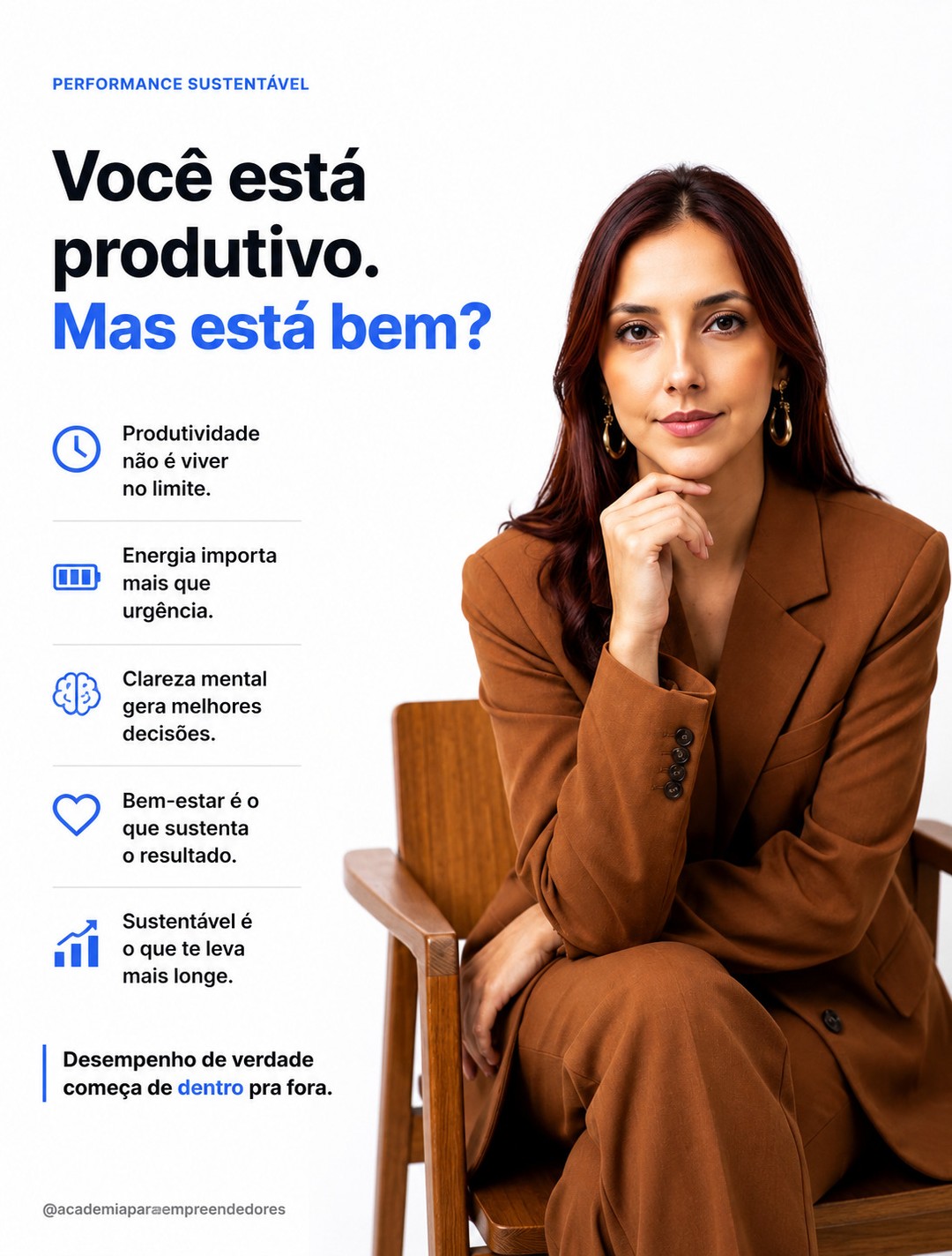 Você está produtivo. Mas está bem?
A maioria dos empreendedores só responde a primeira pergunta. O problema é que produtividade sem saúde tem prazo de validade.
Burnout não é uma crise que aparece do nada. É a soma de sprints sem recuperação que você chama de rotina.
O custo não está na semana que você para. Está nos meses que você operou no limite, pagando com criatividade, clareza e presença.
Performance que dura exige recuperação deliberada. Atleta de elite não treina no máximo todo dia. Alterna intensidade com descanso.
Se você quer construir por anos, não por semanas, comece pelo pilar G: Grounded Physiology.
Salva esse carrossel e vai na bio. Lá eu te mostro como redesenhar sua produtividade pra durar.
#academiaparaempreendedoras #metodogrow #empreendedorismo