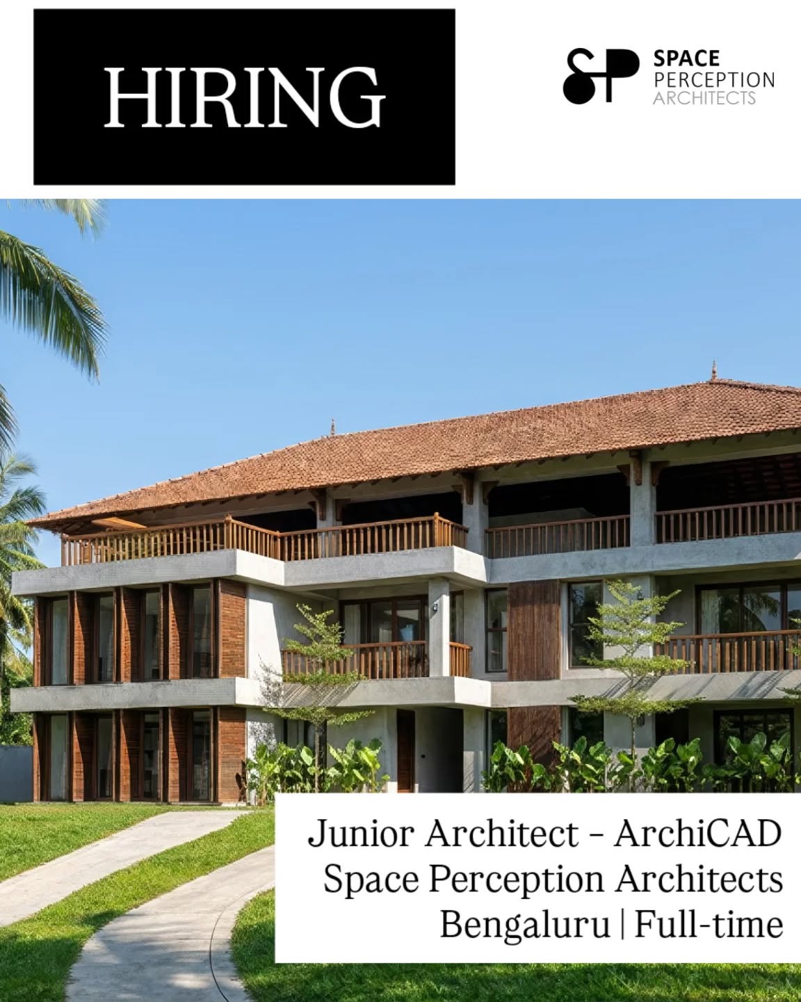Space Perception Architects (DBI group) is a design-focused architectural practice committed to creating thoughtful, sustainable, and context-responsive spaces.
Position: Junior Architect
We are looking for a motivated and detail-oriented Architect with a Bachelor of Architecture degree and at least 1 year of hands-on experience working in ArchiCAD. The candidate will be involved in the design development, documentation, coordination, and execution stages of residential and architectural projects.
Key Responsibilities
* Develop architectural drawings and BIM models using ArchiCAD.
* Prepare concept, schematic, design development, and construction documentation.
* Produce detailed working drawings, plans, sections, elevations, and schedules.
* Coordinate with structural, MEP, and other consultants.
* Assist in project planning, design presentations, and client meetings.
* Participate in site visits and monitor design implementation.
* Ensure compliance with local building regulations and project standards.
* Support material research, detailing, and sustainable design initiatives.
* Maintain project documentation and BIM model accuracy throughout the project lifecycle.
Requirements
Essential Qualifications
* Bachelor of Architecture (B.Arch) from a recognized institution with 1 - 3 years experience.
* Minimum 1 year of professional experience in an architectural practice.
* Proficiency in ArchiCAD with demonstrated project experience.
* Strong understanding of architectural detailing and construction documentation.
* Knowledge of building materials, construction methods, and local building regulations.
* Good communication and coordination skills.
Preferred Skills
* Experience in residential architecture and custom home projects.
* Familiarity with BIM workflows and collaborative project environments.
* Working knowledge of AutoCAD, SketchUp, Twinmotion, Lumion, or similar visualization tools.
* Ability to manage multiple tasks and meet project deadlines.
Interested candidates may send updated resume to anup.george@spaceperception.in
Alternatively, you could share the details in Whatsapp to 9900013580
#architectjobs #