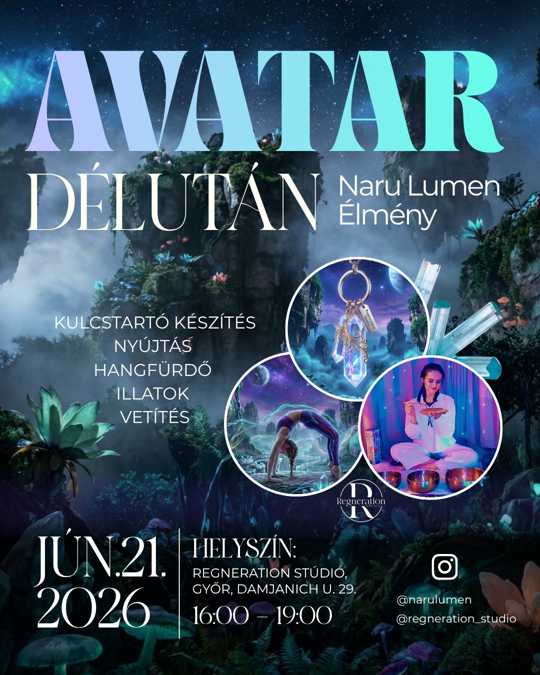 Naru Lumen élmény – Avatar-délután
Egy 3 órás különleges élmény, ahol egy teljesen más hangulatba érkezel: lassabb ritmus, finom mozdulatok, különleges tér. ✨
A teret végig terápiás hangszerek, hangfürdő, vetítés, fények és különleges illatok teszik igazán egyedivé. Egy olyan atmoszféra, ami segít kiszakadni a hétköznapokból és megérkezni egy könnyedebb, szabadabb állapotba. 🧘🏻♀️
A program része egy kis kreatív alkotás is: ásvány kulcstartót készítünk, amit mindenki saját maga formálhat meg, így egy személyes emlék is hazavihető erről a délutánról
📅 2026. június 21. | 16:00–19:00
📍Regneration Jóga és Pilates Stúdió (Győr, Damjanich u. 29.)
Biztosítsd be a helyed időben, mert a létszám korlátozott! Jelentkezésért és a részletekért írj nekünk üzenetet. ✉️
Várunk szeretettel:
@regneration_studio & @narulumen 🤍
#AvatarDelutan #NaruLumenElmeny #RegnerationStudio #Gyor
