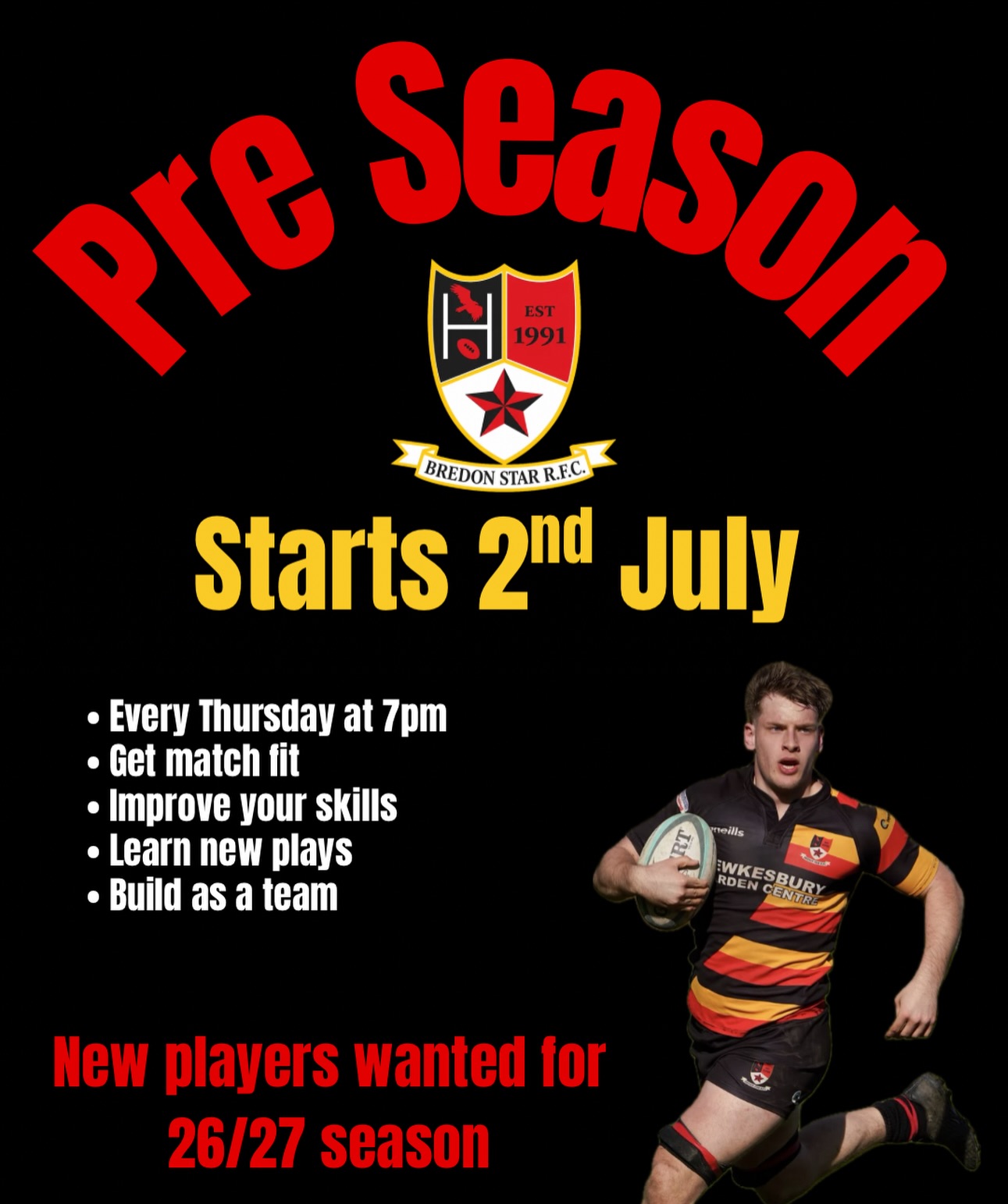 Are you ready for the 26/27 season?!
Why not join us from July 2nd, every Thursday 7pm to 8:30pm.
We are looking to bolster our squads as we look to field 1XV, 2XV and Vets teams again this season. If you’re looking for a new club for the season, fancy dusting your boots off and getting some minutes or you’ve never played and want to get involved - we have something for everyone!
We pride ourselves on being a super social, family friendly club with high quality rugby, fun social events and average banter.
In addition to the traditional pre season rugby training we are also partnered with @thisisflowstate who will be starting a separate fitness session every week starting with a Combine Testing event on Sat 20th of June (with a BBQ and the PREM finals on after).
If you fancy playing for the might Star this season then drop us a DM today!
