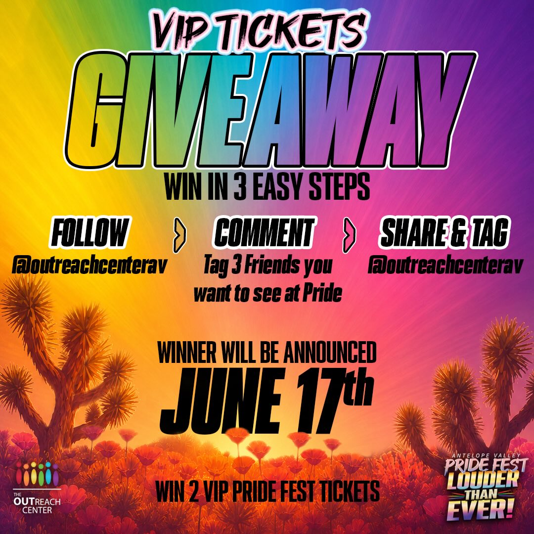 ๐๐ VIP PRIDE FEST TICKET GIVEAWAY! ๐๐
Want to experience AV Pride Fest in VIP style? Weโre giving away 2 VIP Tickets to one lucky winner! ๐ณ๏ธโ๐โจ
Entering is easy:
1๏ธโฃ Follow @outreachcenterav
2๏ธโฃ Comment below and tag 3 friends you want to celebrate Pride with
3๏ธโฃ Share this post to your IG Story and tag @outreachcenterav
๐๏ธ Prize: 2 VIP Tickets to AV Pride Fest 2026
๐ฅ VIP access includes exclusive perks and a premium Pride Fest experience!
๐
Winner announced June 17, 2026
Get your entries in and help us spread the word about this yearโs AV Pride Fest: Louder Than Ever! ๐๐ถ
Good luck, and weโll see you at Pride! ๐
#AVPrideFest #LouderThanEver #PrideGiveaway #VIPGiveaway #AVPride2026 TheOUTreachCenter PrideMonth LoveIsLove AntelopeValleyPride CommunityPride PrideCelebration ๐ณ๏ธโ๐โจ