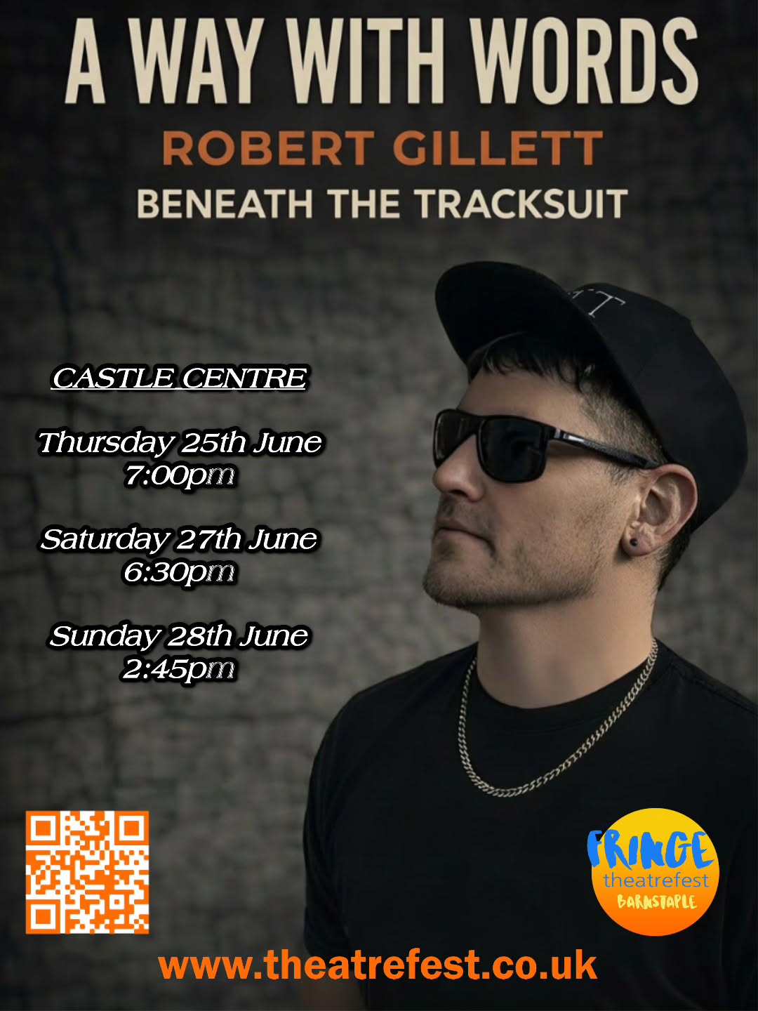 "A Way With Words" Next stop Barnstaple 🙌
Box offices are now open 🧡😉
Barnstaple Fringe TheatreFest
25th - 28th June
Castle Centre
Thu at 19:00
Sat at 18:30
Sun at 14:45
https://www.theatrefest.co.uk/program/show/70e2956c-2741-4745-ad26-49f5866b966e
https://www.beneaththetracksuit.com/upcoming-events
A Way With Words is an engaging spoken word performance from poet, author and performer Robert Gillett, combining humour, honesty and thought-provoking storytelling in a show full of warmth, wit and heart. Drawing from his latest book of the same name, Robert shares a wide variety of poetry and personal stories that move effortlessly between laugh-out-loud everyday moments and quieter reflections on identity, family life, resilience and the things we don’t always say out loud.
Known for his down-to-earth delivery and natural connection with audiences, Robert creates an atmosphere that feels more like a shared conversation than a traditional performance. His work blends sharp observation with emotional depth, making poetry accessible to everyone, whether you’re a long-time fan or completely new to spoken word.
Presented as part of Robert’s ongoing creative work bringing live literature to community spaces, A Way With Words offers an uplifting, relatable experience. Audiences leave entertained, moved and carrying lines that linger long after the final words are spoken.
#multiplesclerosis #MSawareness #mswarrior #inthistogether #beneaththetracksuit