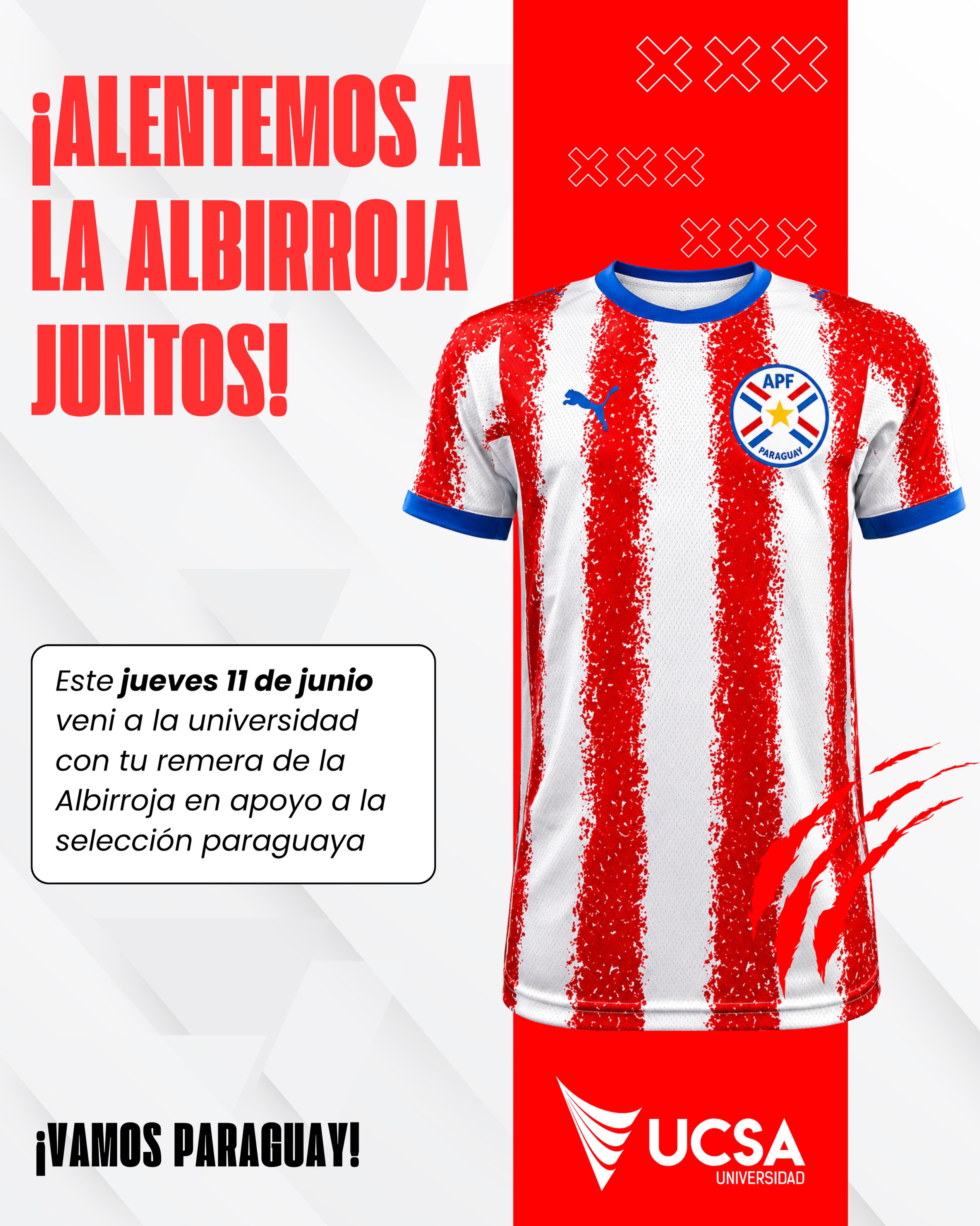 ¡La pasión por la Albirroja se vive en la UCSA! 🇵🇾❤️
Este jueves 11 de junio te invitamos a venir a la universidad con la camiseta de la Selección Paraguaya y sumarte al apoyo de todo un país que sueña en grande.
Demostremos juntos nuestro orgullo, nuestra pasión y el aliento incondicional a la Albirroja 🙌
⚽ Vestí los colores que nos unen 🇵🇾
#UCSA El futuro está en tus manos 🙌