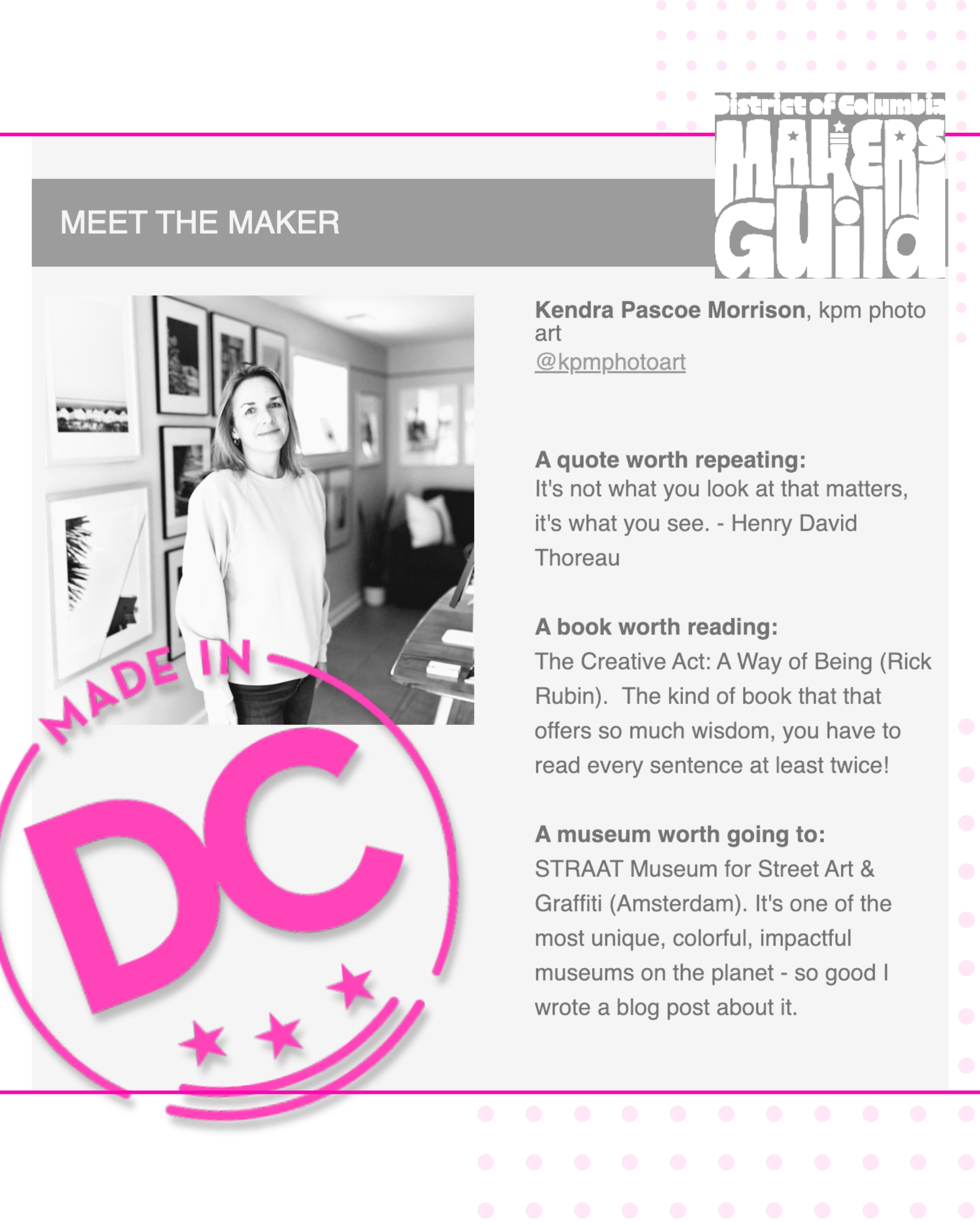 🩷 Super cool to be featured by the @dcmakersguild. Unifying, supporting and growing local small businesses is what they do best. Glad to be a part of such a great group of creatives. Thanks for the shoutout, DC Makers’ Guild!
👏🏼(And if you are ever in Amsterdam the @straatmuseum really is the best art museum in the world - in my humble opinion!)
📚(Oh and… did you know I recommend a new book every month in my newsletter - sign up on my site and join in! ☺️)
#madeindc #igdc #dcsmallbusiness #mydccool #rickrubin