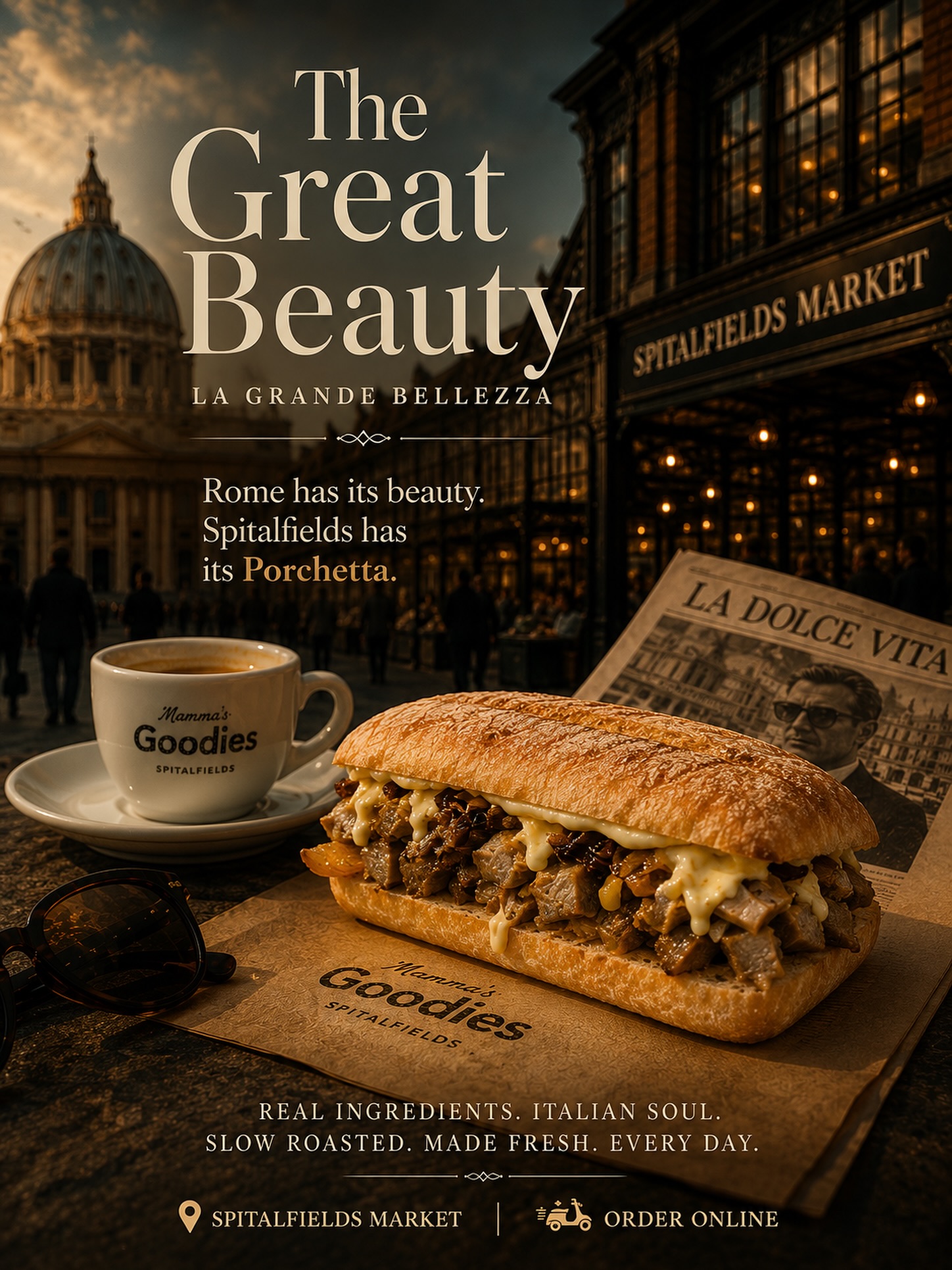 The Great Beauty — La Grande Bellezza 🇮🇹
Slow-roasted pork, crispy crackling, caramelised onions and Chef Giovanni’s secret recipe, all packed into our signature panini.
No flights to Italy required 😉
📍 Spitalfields Market
🛵 Order online via the link in our bio
#LaGrandeBellezza #Porchetta #MammasGoodies #SpitalfieldsMarket #ItalianStreetFood