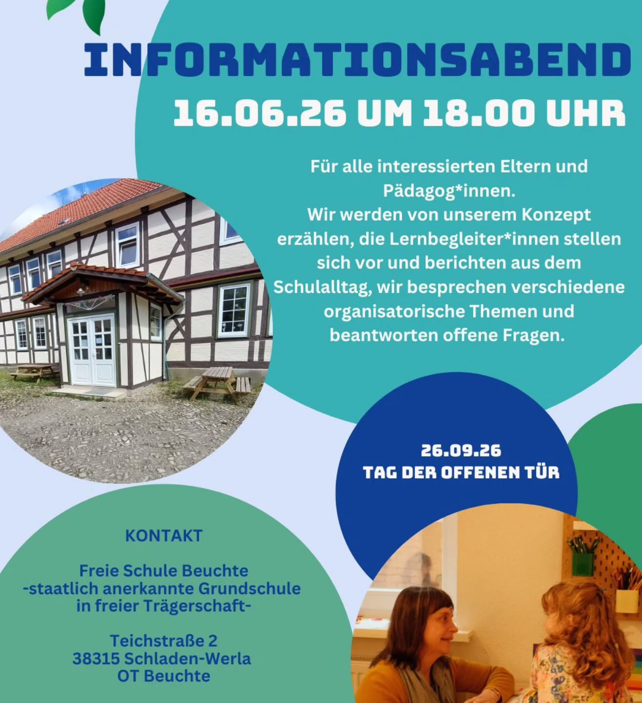 Wir laden euch ein zu uns!
Kommt vorbei zu einem Abend an dem wir euch zeigen, wie Schule und Lernen bei uns aussieht.
Wir beantworten eure Fragen rund um Material, Klassengröße, Schulgeld, Elternstunden, Stundenplan u.v.m.
Wir freuen uns auf euch!
Tragt euch auch schon mal den 26.September 2026 in euren Kalender ein:
Unser Tag der offenen Tür mit Familienfest 💝🎉