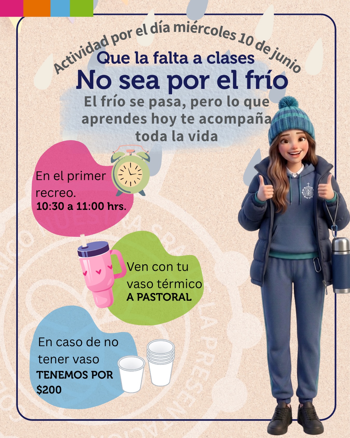 ☕ Mañana te esperamos en el recreo con té o chocolate caliente.
🌱 Para cuidar el medio ambiente, trae tu taza o vaso térmico desde casa.
Tu asistencia cuenta!