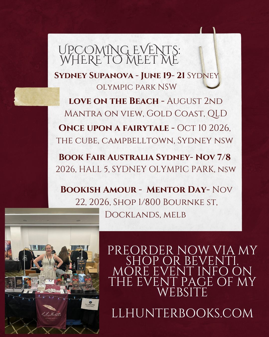 Wanna know where i'll be next? I've just updated my events list!
FYI my preorders for @loveonthebeachaus close July 2nd!
Preorder here, via my website or Beventi: https://www.llhunterbooks.com/signings-and-events
Next up: @supanovaexpo Sydney: June 19-21.