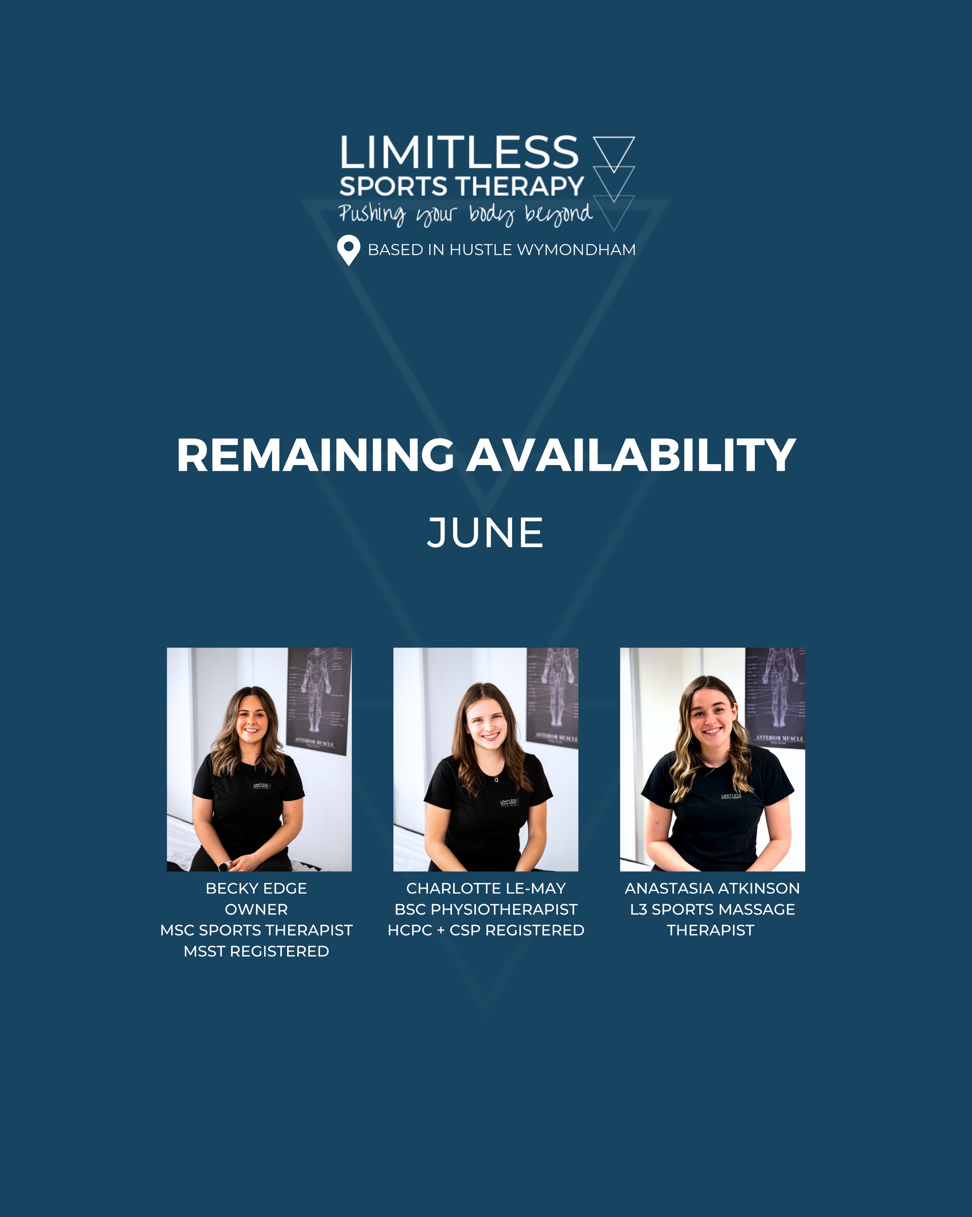 Junes Availability ✨
•
Check out our availability between the Limitless Sports Therapy team based in Wymondham, Norfolk
•
💁🏻♀️ @becky_sportstherapy
💁🏻♀️ @charlotteluisalemay
💁🏻♀️ @anastasiaatkinson_
•
🏠 @hustle_wymondham
📍 Wymondham, Norfolk