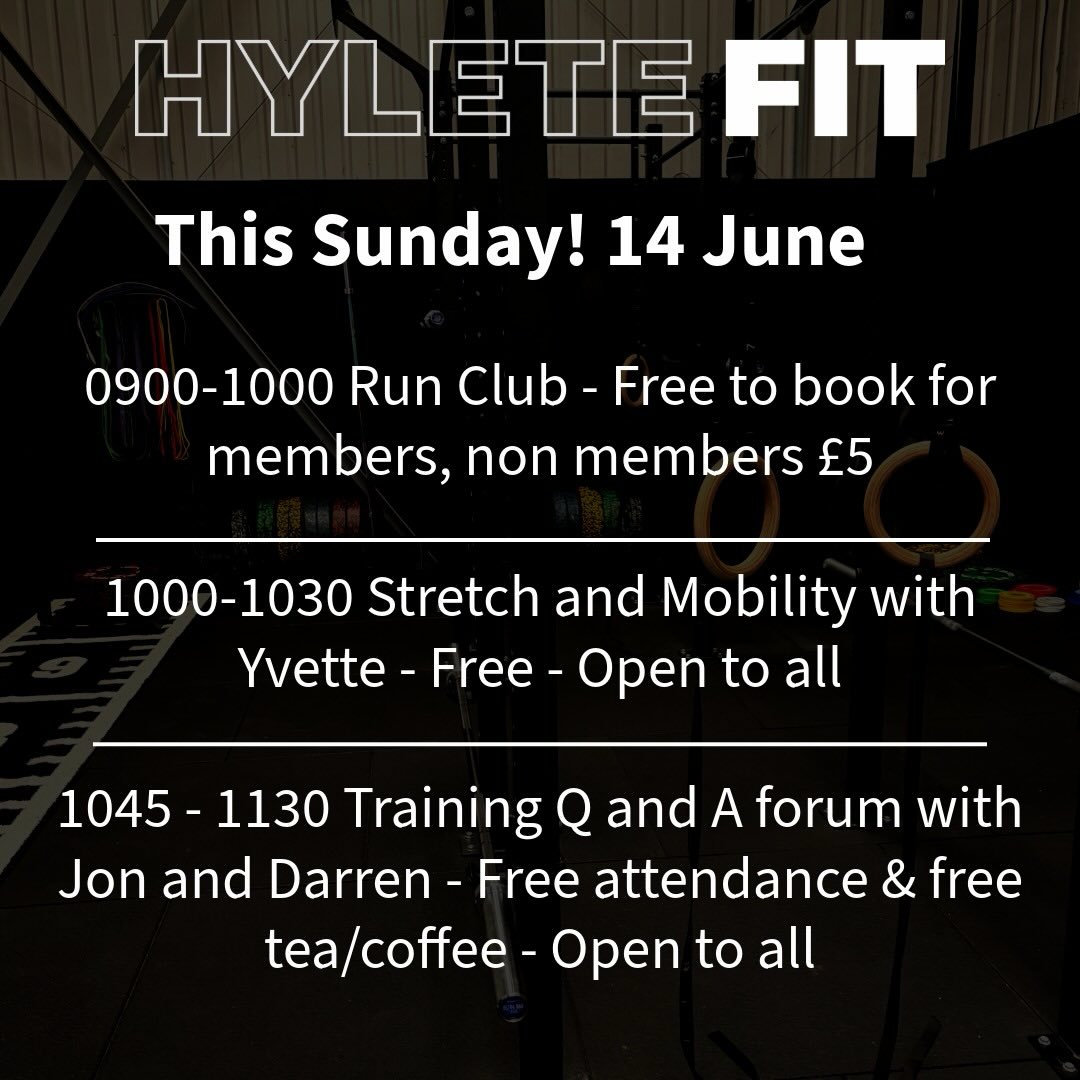 This Sunday come down to Hylete Fit for a morning of activities. You can do just one of the activities or why not try all three 💪
Run club can be booked on via the website or app and is free for members, and non members welcome 😁
This will be followed by a mobility session led by Yvette and a Q & A session with Jon (Darren no longer able to make it) covering all things training. Non members are welcome for these session and it’s free!! Free tea and coffee is also provided.
For the mobility session or Q & A please DM so we know rough numbers.