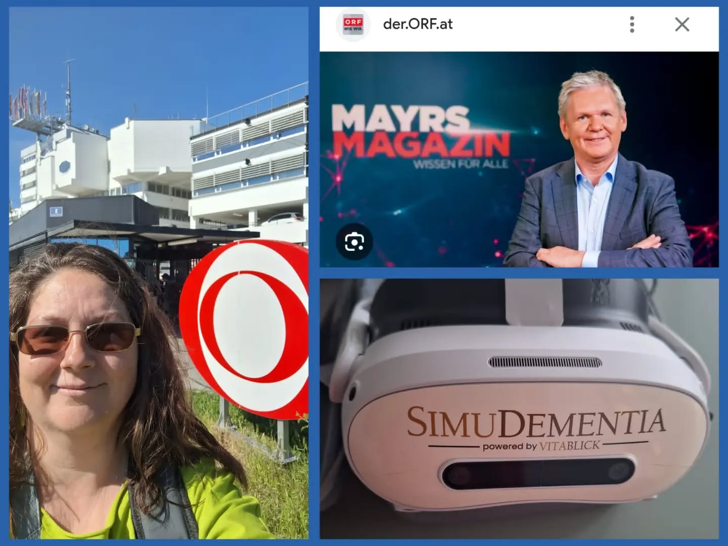 🤩📺HEUTE, Freitag, 12.6. , um 18:30 Uhr in ORF 2 wird in "Mayrs Magazin" über die VR-Brille SimuDementia von @VitaBlick berichtet. Ich wurde dazu eingeladen und komme kurz vor. 🤩📺
Was kann der Demenzsimulator? Was braucht es, im Umgang mit Menschen mit Demenz? Wie können Verständnis und Mitgefühl vermittelt werden?🤩📺