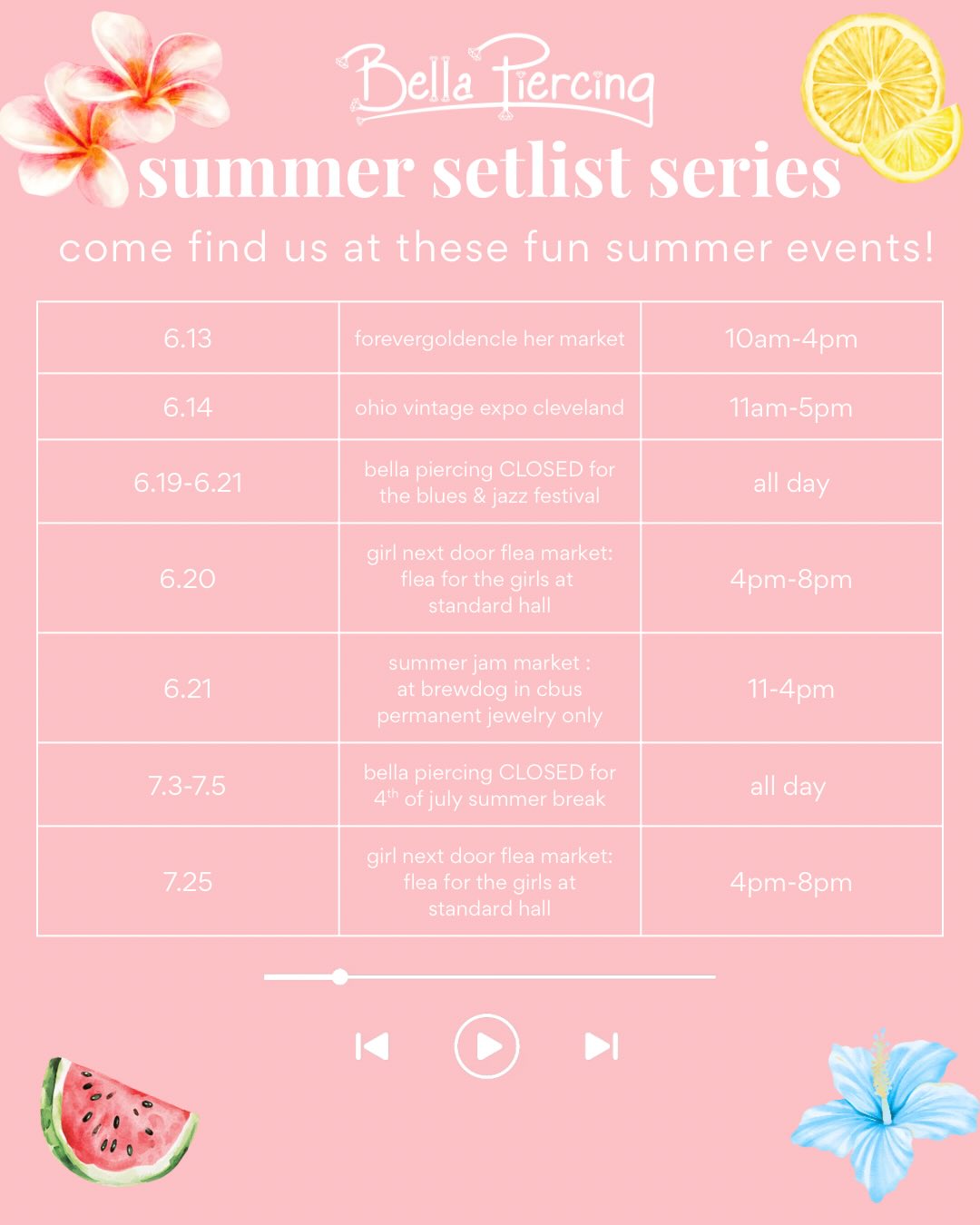 Summer plans = Made.🍉✨
Here’s where you can find Bella Piercing this summer👆🏽
•
From flea markets to pop-ups, we’re bringing the piercings, permanent jewelry, and good vibes all season long.
Save this post for later and come say hi at one of our events!🥳
Which one are you coming to?