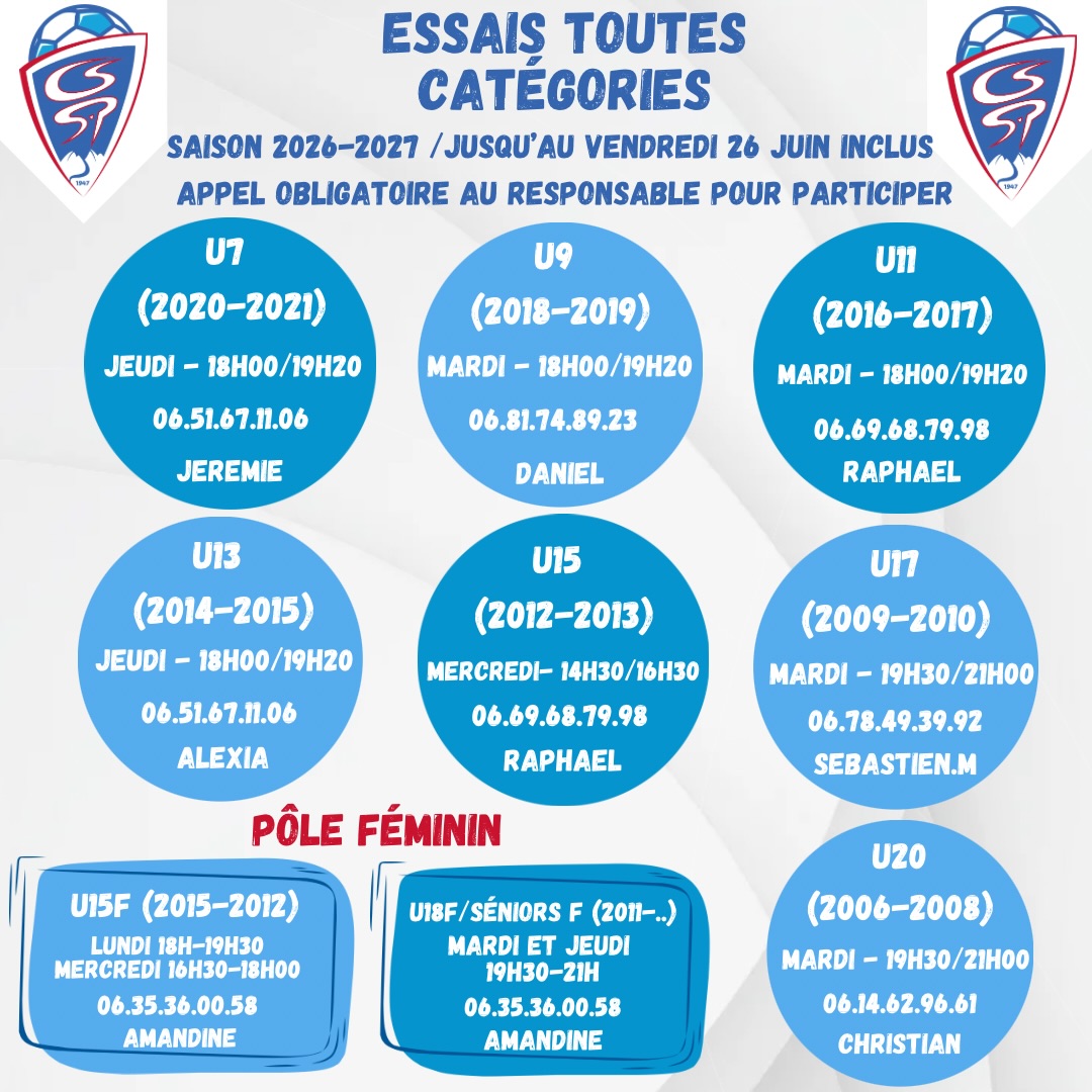 🔵🔴 ESSAIS FOOTBALL – SAISON 2026/2027 🔴🔵
Le club ouvre officiellement ses séances d’essais pour préparer la saison 2026/2027 ⚽🔥
Tu souhaites rejoindre une équipe ambitieuse, progresser dans une bonne ambiance et défendre nos couleurs cette saison ? C’est le moment de venir tenter ta chance 💪
📈 Niveau de nos équipes:
• U13 D1
• U15 D1
• U17 D2
📅 Les essais auront lieu jusqu’au vendredi 26 juin inclus.
⚠️ Important :
La participation aux essais se fait uniquement après avoir contacté le responsable de la catégorie concernée.
Tous les horaires, contacts et informations sont indiqués sur l’affiche 📲
➡️ Le lien d’inscription pour toutes les catégories est disponible en story à la une Instagram.
On vous attend nombreux pour cette nouvelle saison 🔥🔵🔴
#Essais #Football #Saison20262027 #Club #Recrutement