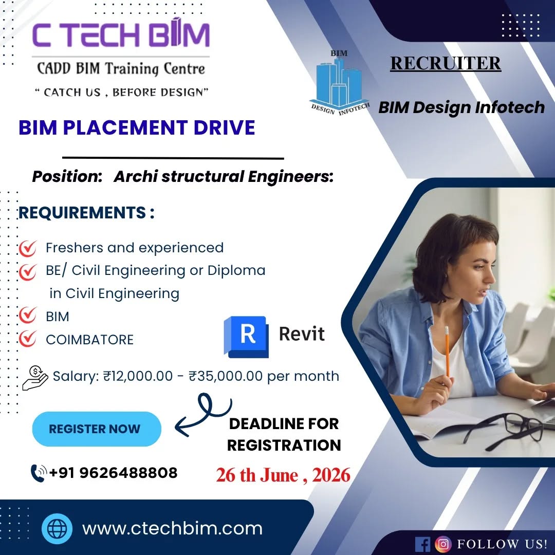ctechbimโ๏ธ BIM PLACEMENT DRIVE 2026
๐ฅ๏ธKickstart your career with top opportunities in the civil field!
๐บ Position: Archi structural Engineer
๐ฏEligibility:
โ๏ธB.E Civil Engineering
โ๏ธ0-1 Year Experience
โ๏ธBIM Knowledge
โ๏ธCoimbatore
๐ฅ๏ธRecruiter: BIM Design Infotech
๐๏ธLast Date to Apply: 26th June 2026
๐Contact: +91-9626488808
๐www.ctechbim.com
๐Don't miss this chance to get placed! Register now and build your future.
#bim #civilengineer #architecture #civilengineering #ctechbim