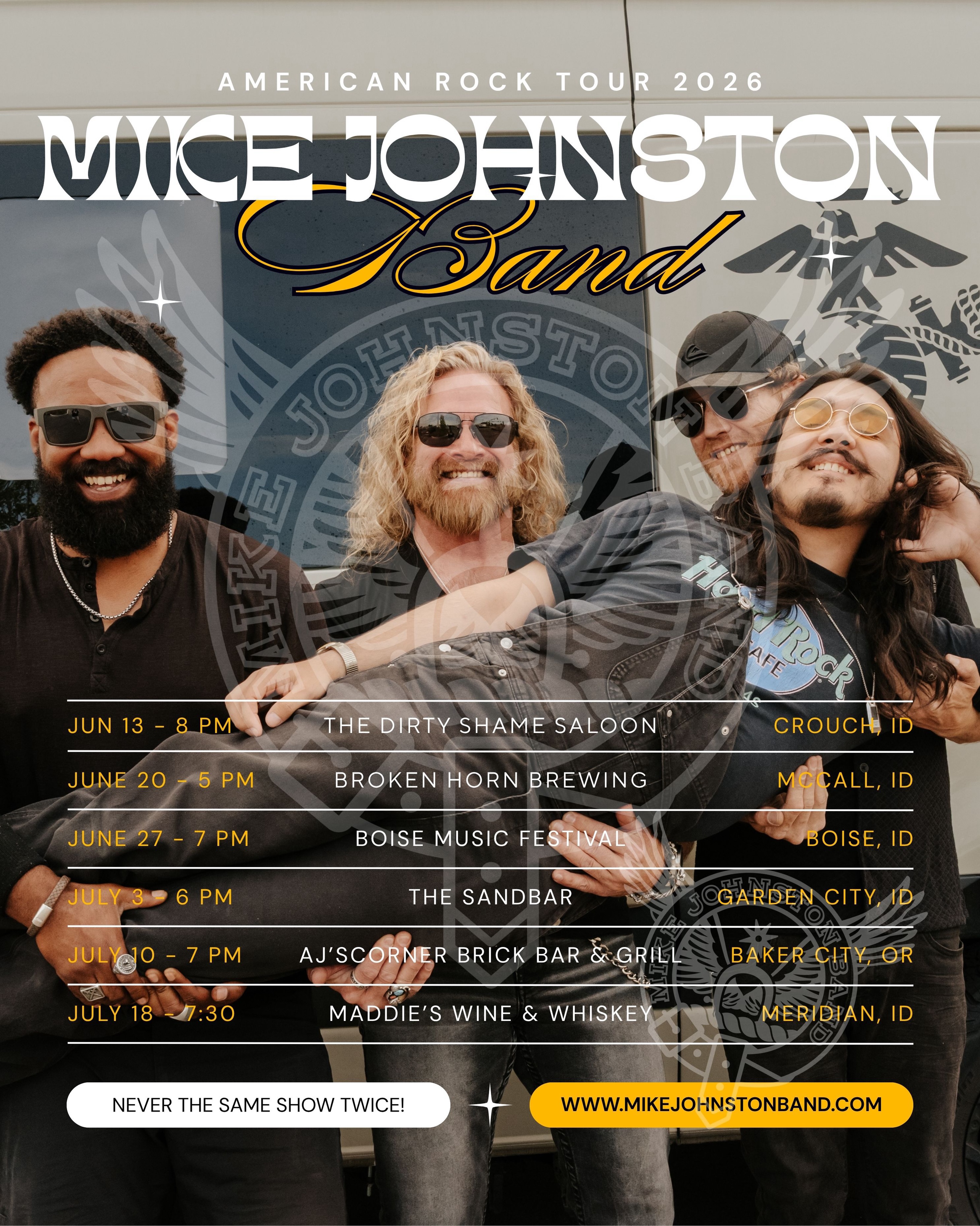We will be bouncing around the Treasure Valley and beyond over the next 6 weekends laying down some American Rock (aka country, rock and blues!) Please be sure to catch one, two, three shows or more because they are never the same show twice! @benji_nil @chiefblue_official @basajuan208 and I @mikejohnston_music promise to entertain and delight, so come on out and shake your hips, bang your head and party with the MJB! #mikejohnstonband #originalmusic #americanrock #usmc We want to thank @aura_studios.idaho for the awesome rock hair styling and @12thfretmusic for the best music gear!