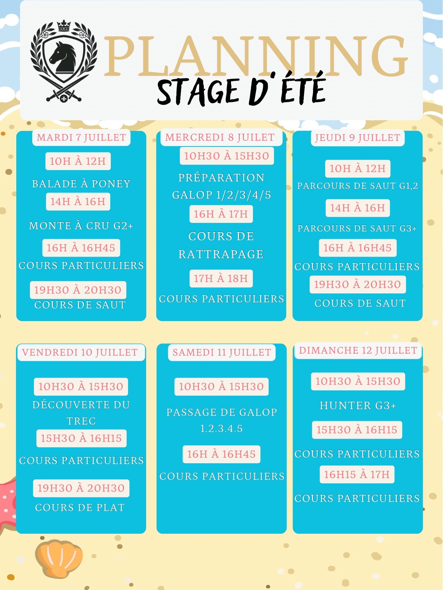 Les stages de cet été sont sortis ! ☀️🐴
Voici notre planning de stages pour cet été. N’hésitez pas à nous contacter pour participer !
Venez vous éclater avec nos poneys cet été, découvrir l’équitation, vous perfectionner ou tout simplement vous amuser. Nous vous avons préparé un programme varié pour tous les âges et tous les niveaux.
Inscrivez-vous directement via le logiciel ou par téléphone au 06 29 79 77 56.
📍 Les Écuries de Réau
3 lieu-dit Pruneyron
33500 Arveyres