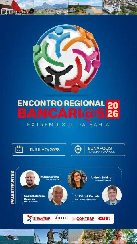 💙 Vem aí um grande momento de união da nossa categoria!
O Encontro Regional Bancári@s 2026 – Extremo Sul da Bahia está sendo preparado para reunir bancários e bancárias em um dia de integração, acolhimento, debates e fortalecimento da nossa luta coletiva durante a Campanha Salarial 2026.
Será um espaço para trocar experiências, ampliar conhecimentos e fortalecer a defesa dos nossos direitos, com a participação de importantes lideranças sindicais e convidados especiais.
📅 Data do Encontro: 11 de julho de 2026
📍 Local: Hotel Portonápolis – Eunápolis/BA
📝 Período de inscrições:
✅ Início: 16/06
✅ Encerramento: 03/07
⚠️ As inscrições ainda não estão abertas!
No dia 16/06, o formulário será disponibilizado e o link estará na bio do nosso Instagram.
Contamos com a sua participação para construir mais um momento de fortalecimento, união e mobilização da categoria.
#Luta #Unidade #Soberania #Direitos #Emprego #CampanhaSalarial2026 #Bancarios #SindiBancarios #ExtremoSulDaBahia #EncontroRegional #CUT #CONTRAF #FEEB #FETRAFI