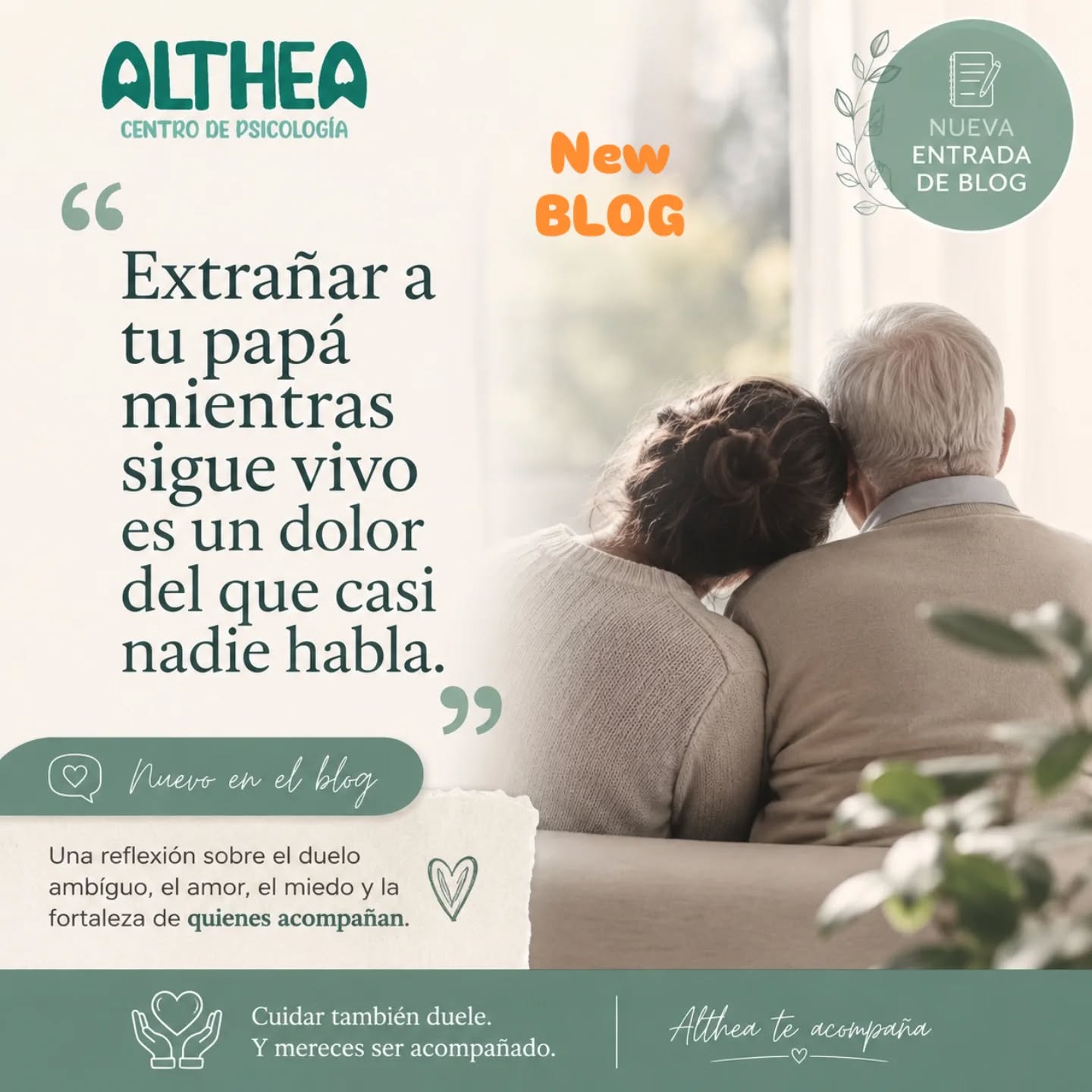 "Lo que nadie ve del hijo que acompaña"
Una reflexión sobre el dolor invisible, el duelo ambiguo y las emociones que viven muchas personas mientras acompañan a sus padres durante procesos de envejecimiento, deterioro cognitivo o demencia.
Porque detrás de cada cuidador hay una historia que también merece ser escuchada.
Léelo en nuestro blog
https://www.psicologiaalthea.com/post/lo-que-nadie-ve-del-hijo-que-acompaña-el-dolor-invisible-de-ver-cambiar-a-quien-un-día-te-sostuvo