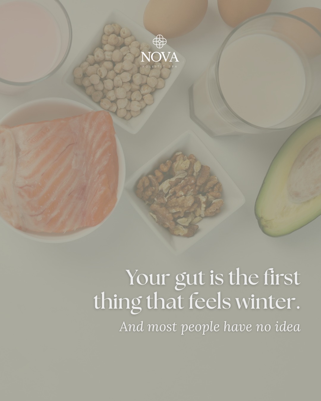 Your gut knows winter is coming before you do.
The shift in season isn't just something you feel in the air. It is something your body registers at a microbial level. Your gut microbiome naturally loses diversity in the colder months.
Most people treat these as separate problems. A supplement for the immune system. But so often, they are the same conversation happening in different parts of the body.
Swipe through for what your microbiome actually needs this season, and the signs that yours might be asking for some support right now.
At Nova, our in-house naturopath Guin works with you to understand the root cause of what your body is experiencing and builds a personalised plan around your nutrition, your gut health and your overall wellbeing going into the colder months.
Book a naturopathy consultation with Guin via the link in our bio.
#GutHealth #WinterWellness #Naturopathy #HolisticHealth #GutMicrobiome #NovaSpa #WinterNutrition #HobartWellness