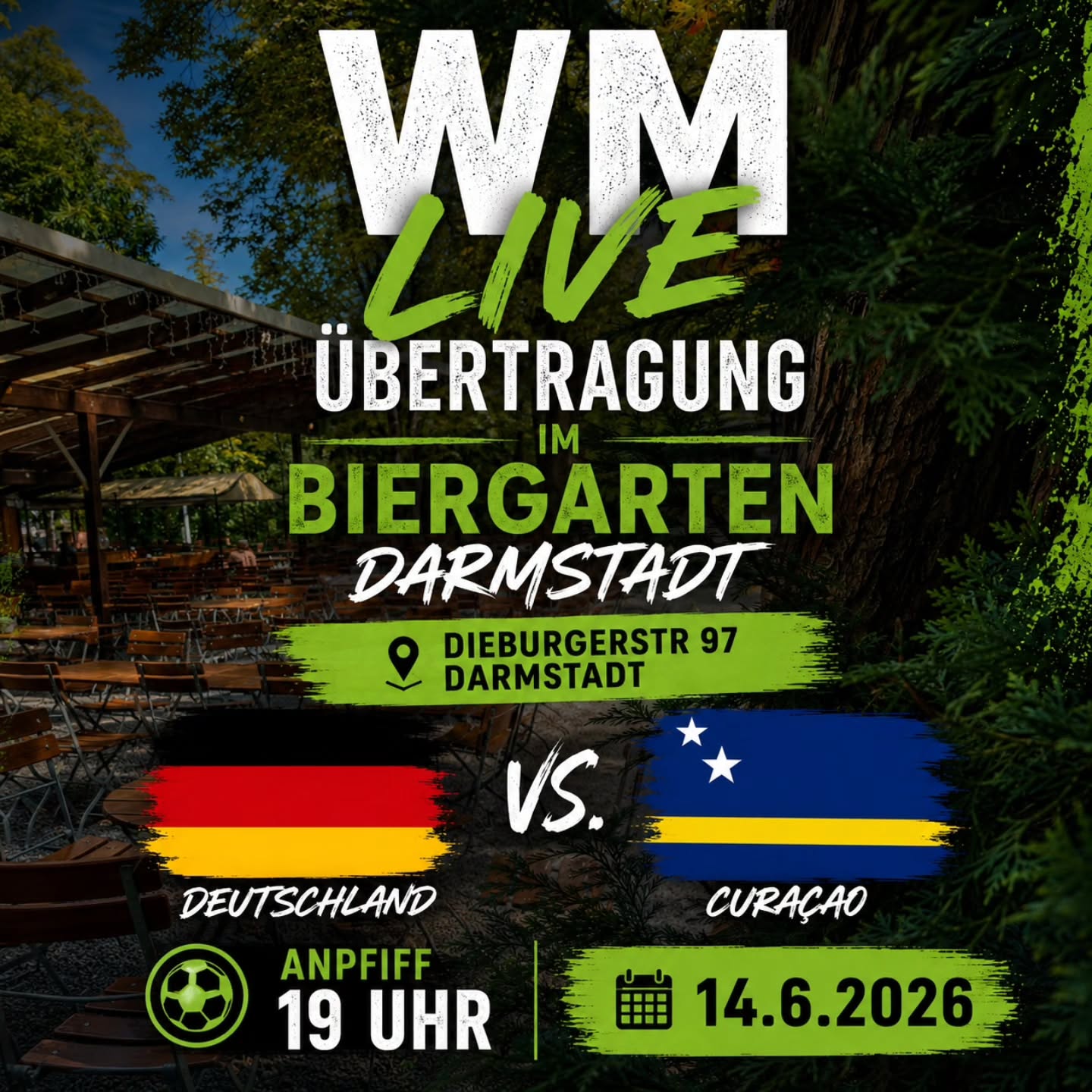 Deutschland gegen Curaçao ⚽️
Schaut gemeinsam mit uns das Spiel im Biergarten Darmstadt.
Anpfiff: 19 Uhr
Früh da sein lohnt sich, um sich die besten Plätze zu sichern 🍻