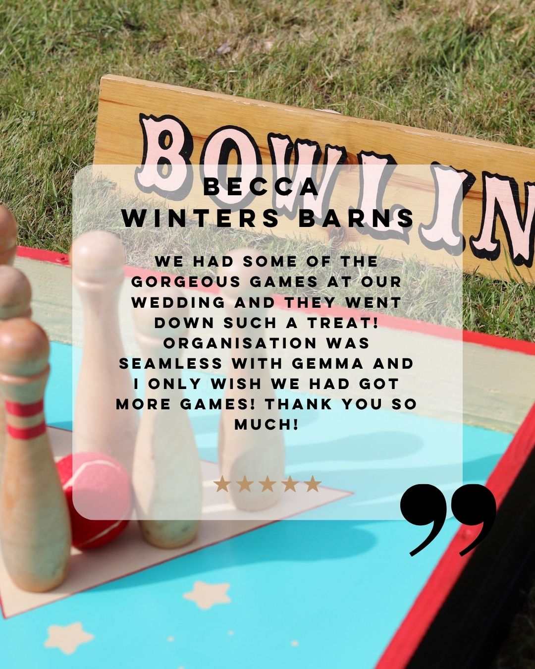 ✨ Reviews like this make our day! ✨
We absolutely love being part of our couples' special day and helping create those unforgettable moments for their guests. From friendly competition to plenty of laughter, our traditional wedding lawn games are designed to bring people together and keep the celebrations flowing. 🎪💍
💬 “We had some of the gorgeous games at our wedding and they went down such a treat! Organisation was seamless with Gemma and I only wish we had got more games! Thank you so much!”
— Becca, Winters Barns
A huge thank you to Becca for your kind words! It was an absolute pleasure to be part of your wedding at Winters Barns ❤️
Planning a wedding in Kent? Our collection of traditional fairground games, circus games, mini golf, and vintage fete games are the perfect way to entertain guests of all ages.
📍 Kent-based | Weddings | Corporate Events | Private Parties
Get in touch to find out how we can help make your event one to remember!
#KentWeddings #WeddingEntertainment #FairgroundGames #RusticWedding #KentEvents