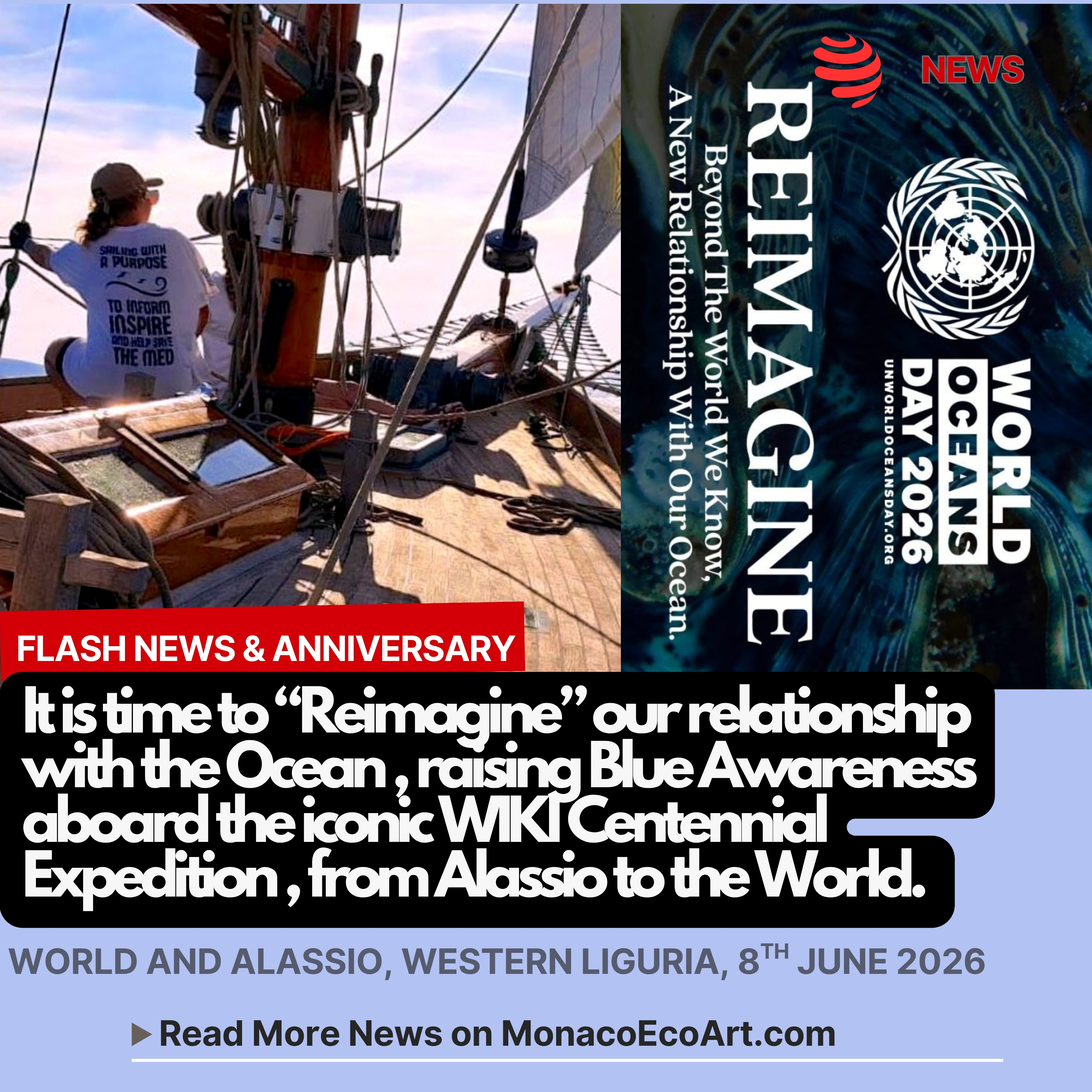 @mo.eco_art MonacoEcoArt.com #flash #latest #news #wikiexpedition #sustainability #worldoceansday #helpsavethemed 🌊🛡️ “Reimagine” is the theme of World Oceans Day which we celebrate today, 8th June 2026: this anniversary invites us to change the #way we see and care for the #ocean on which the air we breathe, the food we eat, and the climate balance depend 🔹 just today Alassio (Western Liguria Riviera) plays as the 1st official international stop on the “Help Save the Med – WIKI Centennial Expedition”, an environmental and cultural awareness project dedicated to the Mediterranean 🚢⚓ The historic yacht WIKI, led by Tom Woods, President and Founder of @help_save_the_med, is going to stay at Porto Luca Ferrari for three days of meetings, activities with schools, and discussions open to local communities, visitors and tourists 🗺️⏳ WIKI is a beautifully restored classic wooden yacht built in 1920 that will be involved in a 1,000-day journey throughout 24 countries and territories acr#Mediterranean Sea, covering over 22,000 nautical miles, with the #aim at showcasing how the Mediterranean has evolved over the past century while urgently addressing the ecological and #climate challenges it faces today 🧑🦰👩🦰 The three-day schedule (June 8th–10th) includes: 1. Student Outreach & Education: Engaging local school children through interactive workshops; 2. Public Discussions & Conferences at Biblioteca Comunale di Alassio “Renzo Deaglio” to discuss marine biodiversity and sustainable development; 3. Vessel Tours: opportunities for the public and #youth to step aboard the century-old WIKI, showcasing #film and #photography archives 🤝👥The #expedition, which officially started on May the 4th from @yachtclubmonaco, is supported by an international network of #scientific, #educational, environmental and media partners, including @elafonisoseco, Blue Alliance Monaco @isidoromiele.monaco , Events for Heritage, Green Armada, TT Yacht Designs, and @cipra_international 🎯⚙️ Climate #change, #pollution, loss of #biodiversity, #overfishing, are some of the topical issues which will be discussed 📸 © Comune di Alassio - Layout and Contents by: © MonacoEcoArt.com
