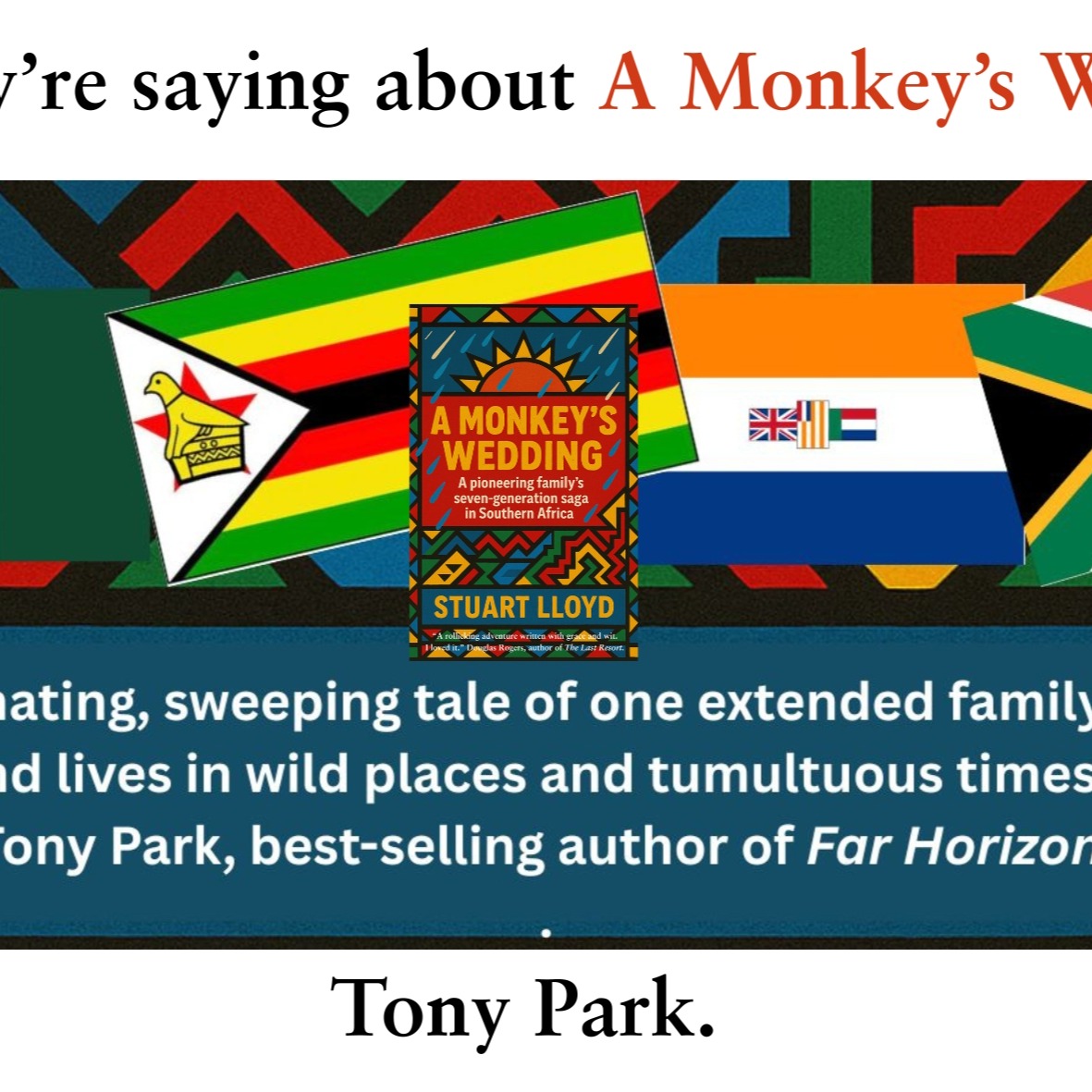 Huge thanks to @tonyparkauthor for taking the time to say some kind words about my new book, right in the midst of his own hectic period leading up to the launch of his own new title 'King of Beasts' which is coming out in July. (You can pre-order now). Thanks and good luck with the new one, Tony!
#tonyparkbooks #writerslife #saffasabroad #africanmemoir