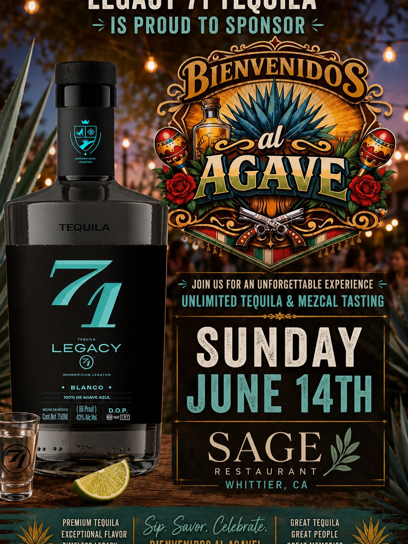 Legacy 71 Tequila is proud to sponsor Bienvenidos al Agave! 🥃🌵
Join us on June 14 at Sage Restaurant in Whittier, CA for an unforgettable day of tequila, great people, and amazing experiences.
Sip. Savor. Celebrate. Legacy 71.
#Legacy71 #BienvenidosAlAgave #SageRestaurant #TequilaTasting #WhittierCA AdditiveFreeTequila TequilaLife Agave June14 Legacy71Tequila