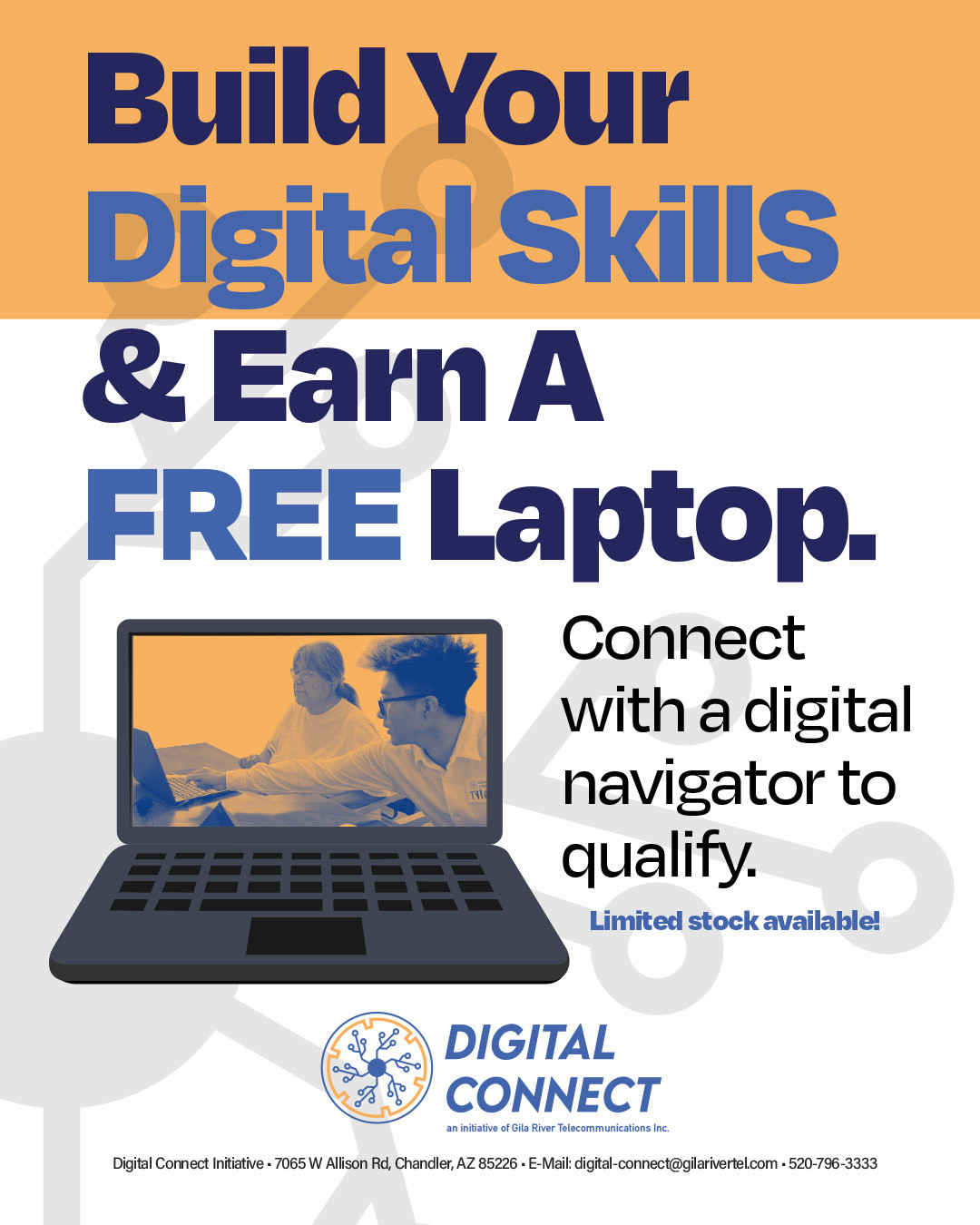 Build valuable digital skills and get rewarded. Complete hands-on digital skills training with one of our digital navigators and qualify to receive a FREE laptop computer.
Whether you're learning the basics, improving your technology skills, or getting connected to online resources, DCI is here to help you succeed.
#DigitalConnect #DigitalSkills #GrowthMindset #GRIC #GilaRiver #CulturedAndConnected