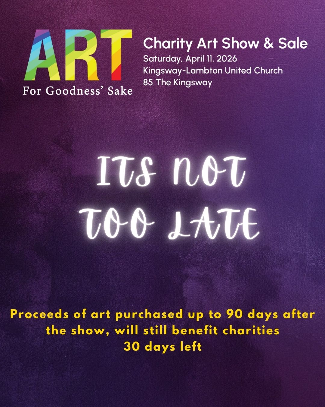 If you are still considering that artwork that you did not pick up at the Kingsway-Lambton Charity Art Show & Sale, it’s not too late. Simply contact the artist and let them know that you were at the show. Proceeds will be donated to charity for another 30 days following the show.
#TorontoArtShow
#BuyFineArt
#InteriorDesign
#CollectOriginalFineArt
