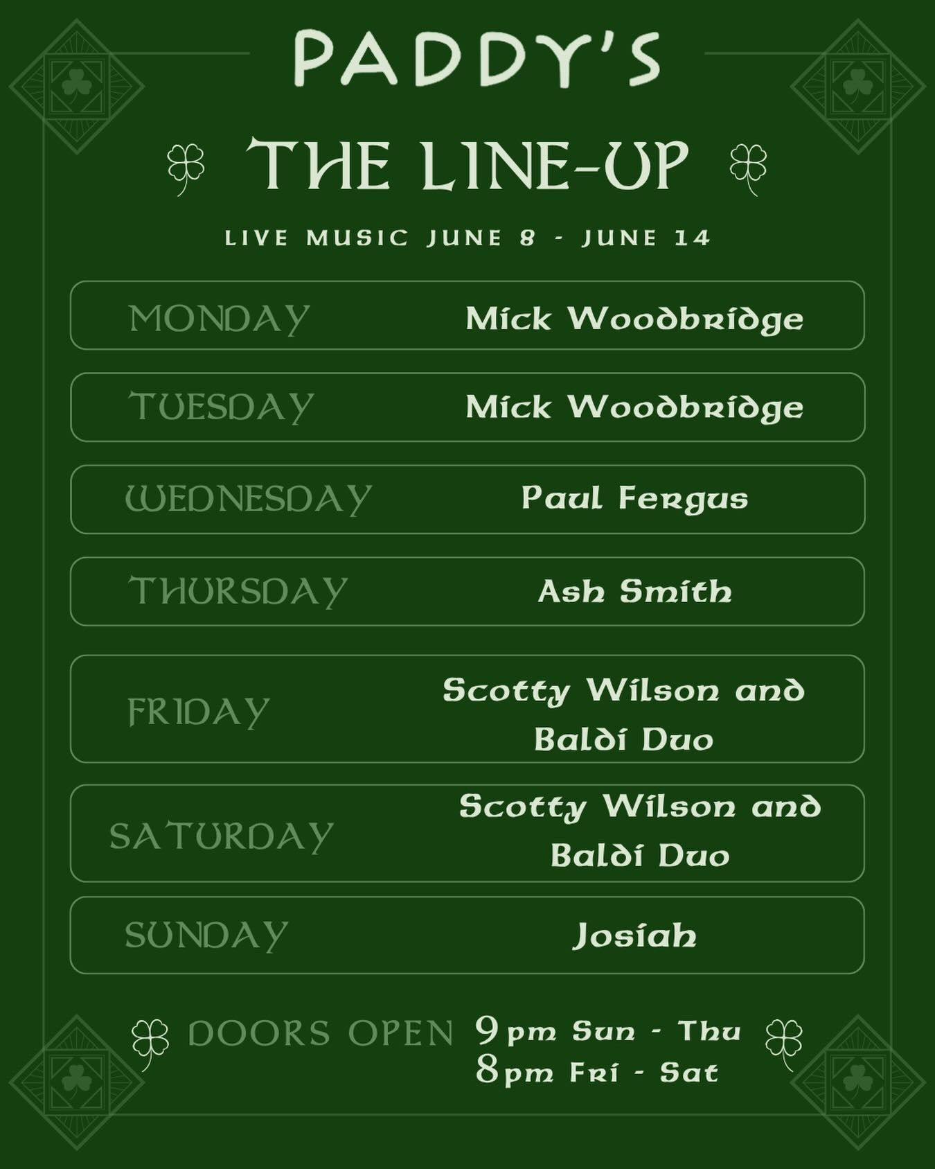 HERE’S WHAT’S ON THIS WEEK 🎶
Your live music line-up for June 8–14th 👇
🍀 Monday – @mickwoodbridgemusicau
🍀 Tuesday – @mickwoodbridgemusicau
🍀 Wednesday – @paulfergusmorris
🍀 Thursday – @ashsmithmusic
🍀 Friday – @scottywisonmusic + @baldi__solo
🍀 Saturday – @scottywisonmusic + @baldi__solo
🍀 Sunday – @josiahsamuelmusic
Doors open 9pm Sun–Thu | 8pm Fri–Sat
📍 https://www.paddysairlie.com/whats-on
#PaddysAirlie #LiveMusic #AirlieBeach #WhitsundaysNightlife