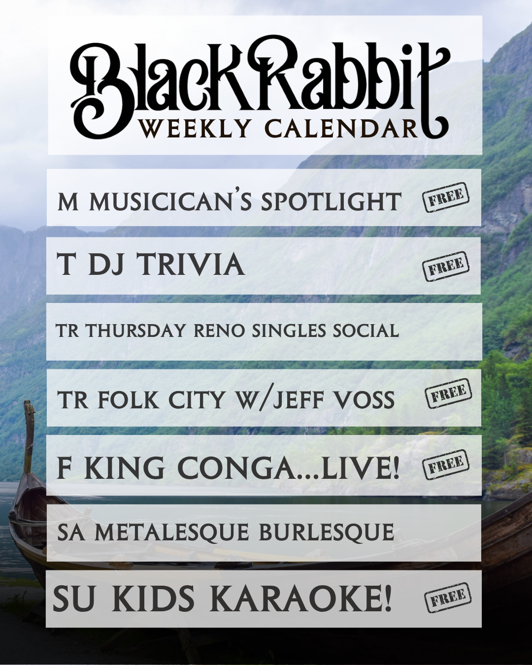 From songwriter circles and trivia battles to country music, singles night, folk, burlesque, and a family karaoke adventure, this week's calendar has a little something for every kind of night out.
━━━━━━━━━━━━
MONDAY • 6.8.26 • 7 PM
NO COVER • ALL AGES
MUSICIAN'S SPOTLIGHT
The Reno Musician's Collective presents an evening of songs and stories featuring Alese Linder & Coma Toast.
━━━━━━━━━━━━
TUESDAY • 6.9.26 • 7 PM
NO COVER • ALL AGES
DJ TRIVIA w/ RIDE or PIE
Cold drinks, savory hand pies, and enough random knowledge to make you question your life choices. Gather your team and claim trivia glory.
━━━━━━━━━━━━
TUESDAY • 6.9.26 • 9 PM
$10 • ALL AGES
KATIE MAE & THE OLD 395...LIVE!
Fresh off her latest release, Katie Mae brings heartfelt country songs with echoes of Patsy Cline, George Jones, and Dolly Parton.
━━━━━━━━━━━━
THURSDAY • 6.11.26 • 6 PM
21+
THURSDAY presents RENO SINGLES SOCIAL
Get off the apps and into the real world. A relaxed night for meeting new people and making connections.
━━━━━━━━━━━━
THURSDAY • 6.11.26 • 8 PM
NO COVER • ALL AGES
RENO'S FOLK CITY presents JESS VOSS
One-man acoustic stomp-band Jess Voss brings an evening of foot-stomping folk and storytelling.
━━━━━━━━━━━━
FRIDAY • 6.12.26 • 8 PM
NO COVER • ALL AGES
KING CONGA...LIVE!
A Reno supergroup mixing covers, originals, deep cuts, big hits, and unexpected twists.
━━━━━━━━━━━━
SATURDAY • 6.13.26 • 8 PM
$35 • 21+
METALESQUE BURLESQUE presents METAL & MEAD
Live burlesque set to heavy metal with plenty of mead flowing from the bar.
━━━━━━━━━━━━
SUNDAY • 6.14.26 • 1 PM
NO COVER • ALL AGES
KID'S KARAOKE with VIKING LAINE!
An enchanted afternoon of singing and dancing featuring favorites from Frozen, KPop Demon Hunters, Zombies, and more. Costumes encouraged!
━━━━━━━━━━━━
Which night are you claiming this week? Tag the friends you're bringing and let us know below.
#BlackRabbitMead #RenoEvents #LiveMusicReno #RenoLocal #VisitRenoTahoe #SupportLocalMusic #DrinkLocal #CraftMead #TriviaNight #Burlesque #FamilyFriendly #DateNightReno #HandPies