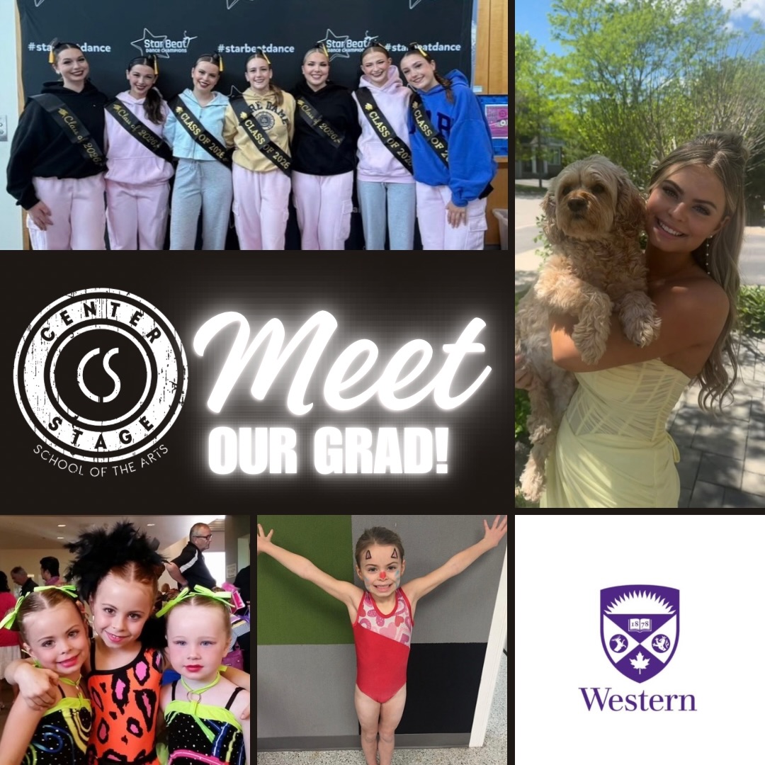 Meet our grad Georgia!🎉🫶🏻
Georgia is off to Western University for Media and Communication Studies.
Her advice to younger dancers:
“Never be afraid to take the stage and be yourself. Every practice, every challenge, and every performance helps you grow into the dancer you are meant to become.”
Georgia, congratulations on your graduation! You’ve been a dedicated dancer and a versatile performer throughout your years at Center Stage. We wish you all the best in the future and congratulate you on reaching this important milestone. We will be cheering you on always! Xox