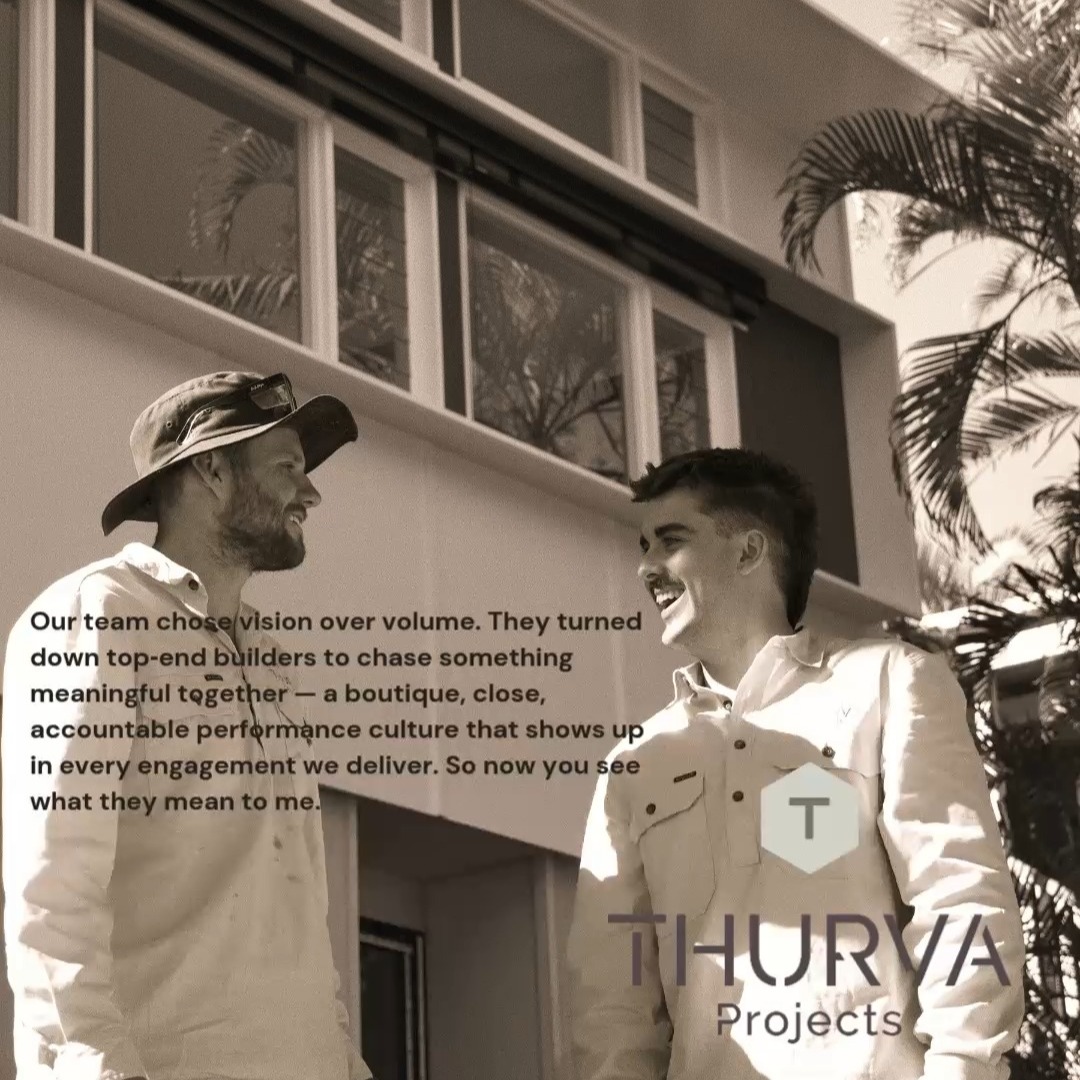 Our homes are the outcome - but this is the reason behind them. Every person here had opportunities with top‑end established builders, yet they chose performance building, purpose and the chance to create something with meaning. Staying boutique keeps us closer than most, gives us greater control, stronger relationships and real accountability. Chasing a shared vision is what bonds us - and it’s what shows up in every home we deliver.
#RemainSmallBigBuild
#RespectArchitectureNotScale
#BrisbaneBuilder
#ArchitectureBrisbane
#ThurvaProjects
