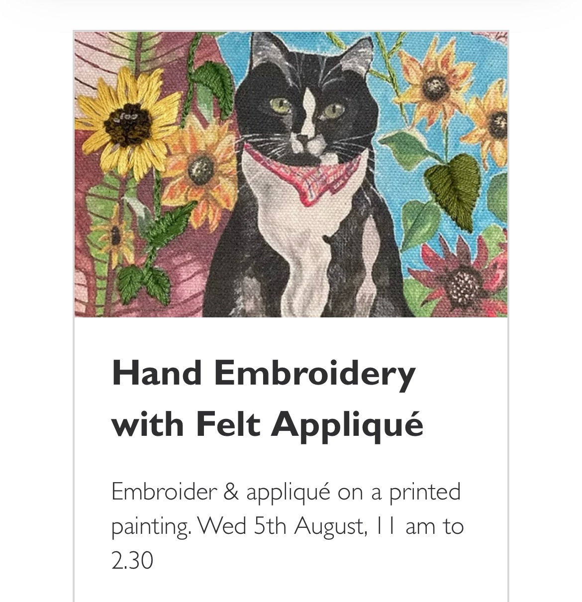 My super easy way of felt applique features in this workshop, as well as my colourful printed paintings.
Would you like to learn couched stitch, satin stitch, french knots, split stitch, and other simple but effective stitches? This workshop is for you, it is also suitable for more advanced stitchers as it's possible to get very creative with these printed panels.
All materials are included.
#applique #embroidered #mossley