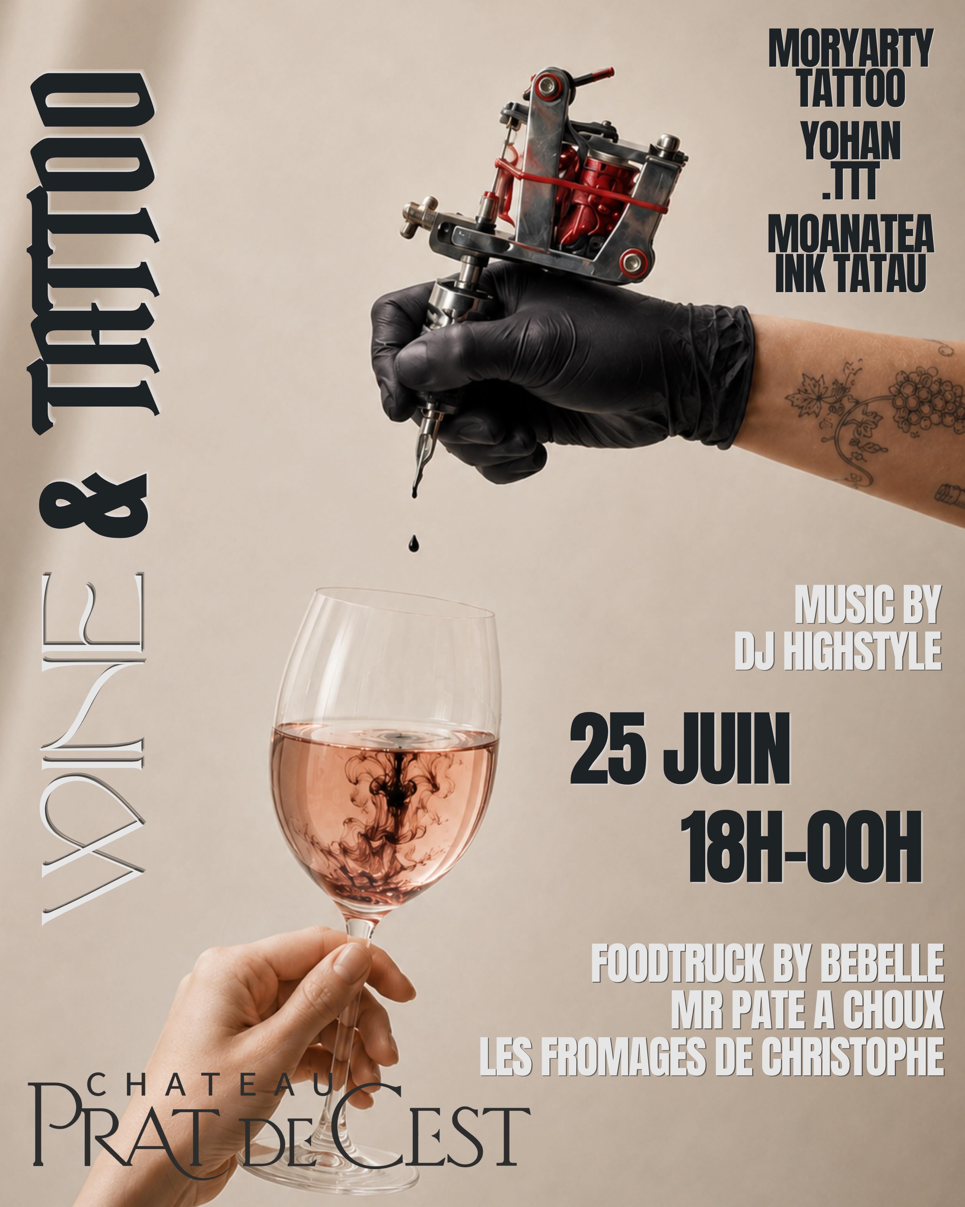 ⚡️ WINE & TATTOO IS BACK ⚡️
Le 25 juin, le Château Prat de Cest accueille la deuxième édition de Wine & Tattoo.
Toute la soirée, les artistes seront présents pour échanger autour de leur travail et réaliser des tatouages sur place.
🌺 Moanatea Ink Tatau — Natif de Moorea, il puise son inspiration dans les traditions polynésiennes et le tatouage ancestral @moanatea_ink_tatau
🦊 Moriarty Tattoo — Un univers animalier singulier, des créations pleines de personnalité @moryarty_tattoo
🖤 Yohan.TTT — Entre ornemental et full black, un style graphique puissant et reconnaissable @yohan.ttt
🎧 @dj_highstyle aux platines pour vous accompagner du coucher du soleil jusqu’au dernier verre.
Et parce qu’au Domaine, on aime aussi régaler les papilles :
🔥 Au Brasero @chezbebelle_narbonne
🧀 @lesfromagesdechristophe
🧁 @mrpateachoux
📅 25 juin
🕕 18h00 — 00h00
📍 1 route nationale, 11100 Bages
🎟️ Entrée libre
L’abus d’alcool est dangereux pour la santé, à consommer avec modération.