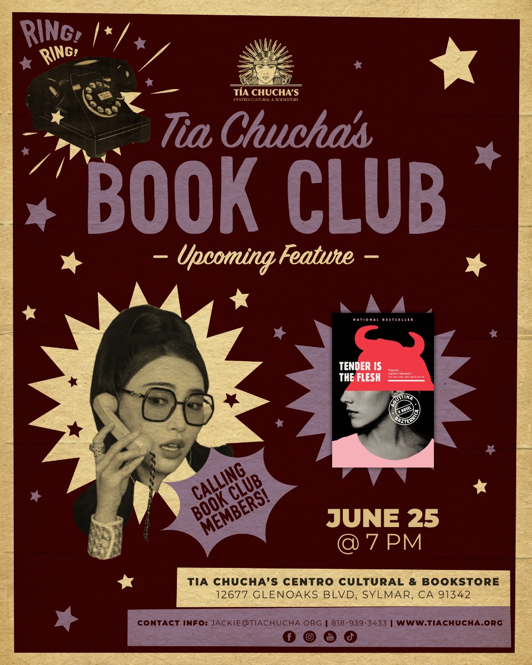 This book isn’t for the easily disturbed 👀 Join us in reading this month’s book club book “Tender is the Flesh by Agustina Bazterrica and join our discussion this month on Thursday, June 25 at 7pm.
No registration necessary.
Find the book at Tia Chucha’s this week open Tuesday-Friday 2pm-9pm or Saturday 12pm-8pm. Find it on our online bookstore at www.tiachucha.org or through the link in our bio.
#bookclub #bookish #bookworm #sanfernandovalley #818