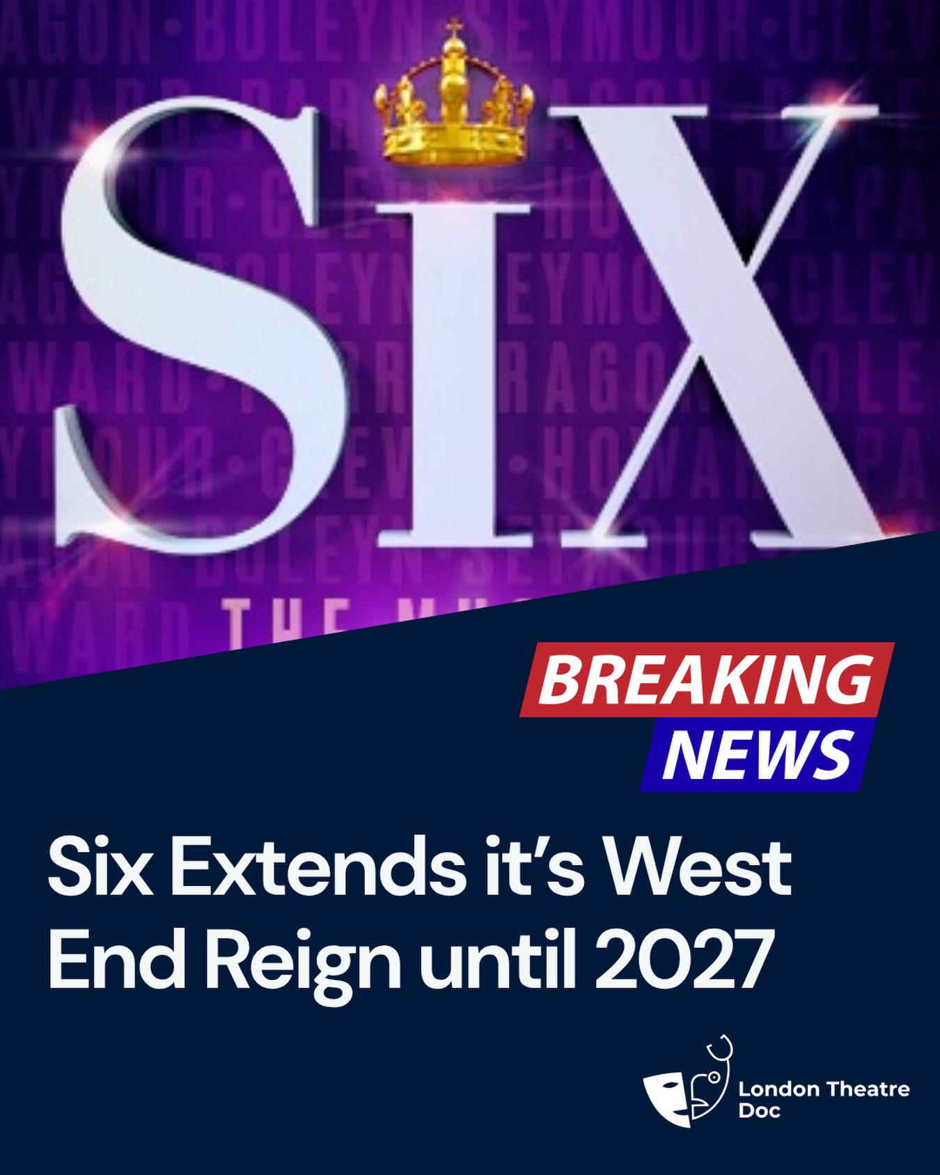 👑 BREAKING NEWS 👑
The queens are staying put.
Hit musical @sixthemusical has extended its West End run at the Vaudeville Theatre until November 2027, ensuring audiences can continue getting down with the Tudor queens for years to come.
The announcement comes as SIX continues its worldwide expansion, with productions and tours planned across Europe, Australia and China, alongside a North American cinema release in 2026.
Read the full story now at www.londontheatredoc.com
Thanks to @anrpr for the news.
#SIX #SIXTheMusical #WestEnd #WestEndMusicals #LondonTheatre MusicalTheatre TheatreNews