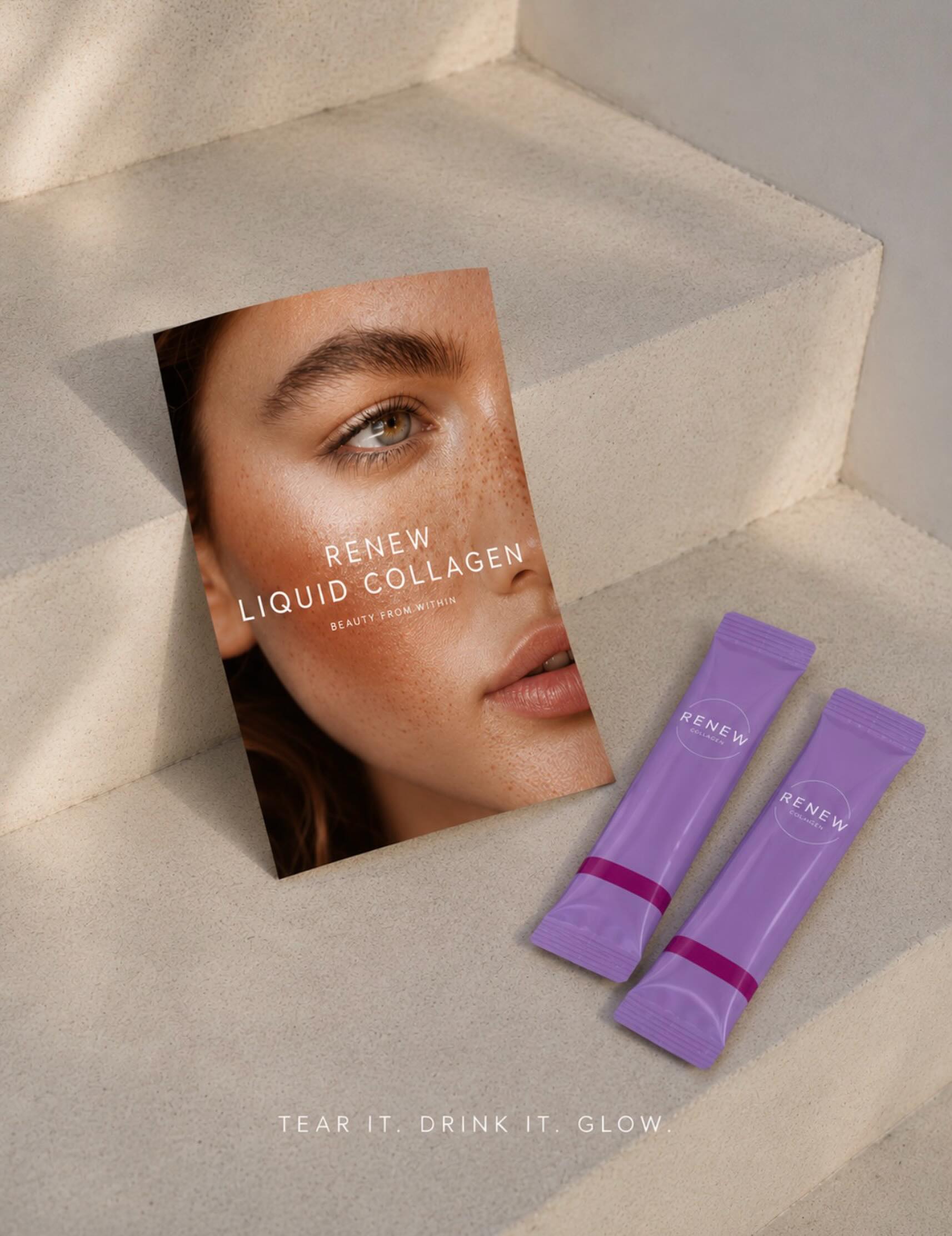 Summer is approaching...
Longer days, warmer nights, and more reasons to let your natural glow shine through.
Now is the perfect time to nourish your skin from within and step into summer feeling confident, radiant, and refreshed.
RENEW Liquid Collagen supports your body’s natural collagen production, helping to promote smoother-looking, more luminous skin so you can glow all season long.
Tear it. Drink it. Glow. 💜
