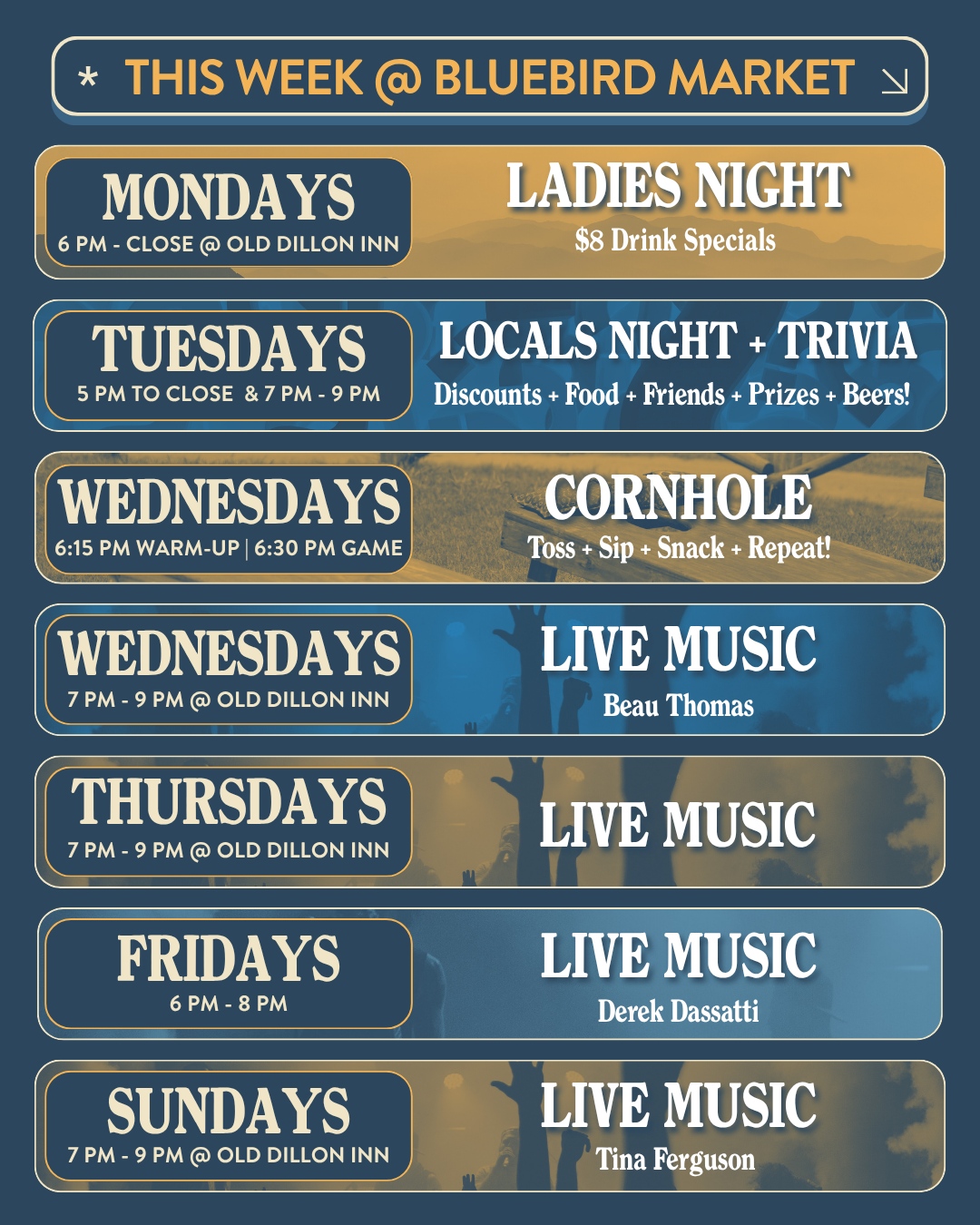 Spend the day outside. We'll handle dinner, drinks, and the live music after ๐ฒ๐ถ
Tuesday | Locals Night
Discounts
๐ 10% off at Melody's Trattoria
๐ 10% off at Chef Daddy's Grill
๐ฆ 15% off at Summit Scoops
๐บ $2 off drinks at Upslope Aprรจs Outpost+
๐คฉ Trivia from 7โ9 PM
Wednesday | Cornhole Night
Warm up at 6:15 PM, games at 6:30 PM
Wednesday | Live Music at the Old Dillon Inn
๐ธ Beau Thomas | 7 to 9 PM
Thursday | Live Music at ODI with Little Bird Trio
5โ7 PM
Friday | Derek Dassatti (Live)
6โ8 PM ๐ธ
Sunday 7PM- 9PM
๐ถ Live music featuring Tina Ferguson at Old Dillon Inn
Food. Drinks. Games. Live music.
All in one place.
Learn more at the link in the bio.
#BluebirdMarket #ColoradoEats #SummitCounty #LiveMusicVibes #FoodieFinds @SilverthorneColorado @thesummitchamber @leon.littlebird @tfergusonmusic @outletsatsilverthorne @summit_scoops @upslope @beauthomasmusic @derekdassattimusic @scroddy72