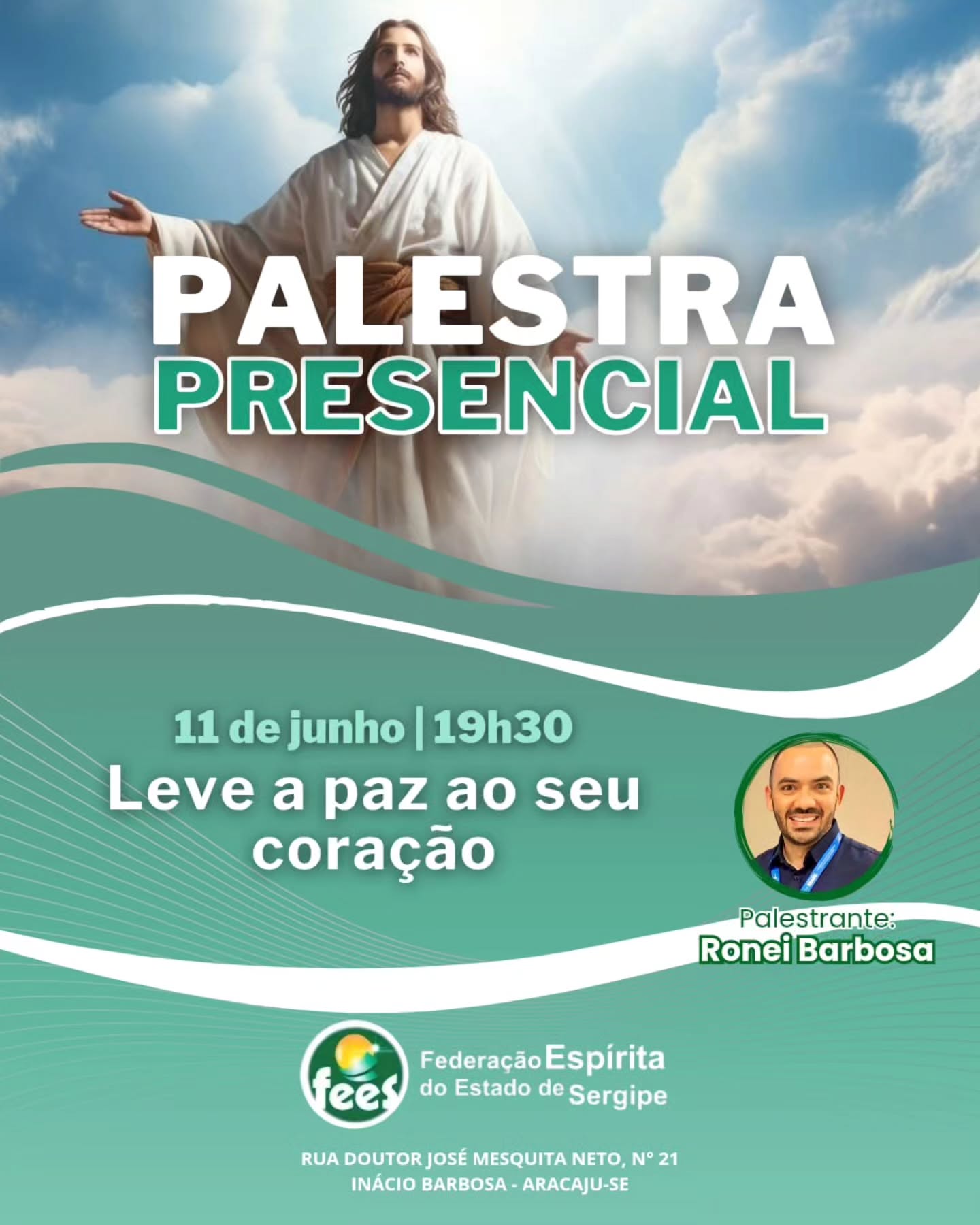 No turbilhão do dia a dia, encontrar um momento de quietude é essencial para renovar as energias e reequilibrar as emoções.
Convidamos você para a nossa próxima reunião Doutrinária.
🗓️ 21 de junho (quinta-feira)
🕢 19h30
🎤 Palestrante: Ronei Barbosa
💬 Tema: "Leve a paz ao seu coração"
Venha refletir conosco e buscar ferramentas para cultivar a serenidade no seu íntimo. Traga a família e os amigos!
📍 Federação Espírita do Estado de Sergipe (Fees)
🏢 Rua Doutor José Mesquita Neto, 21 – Inácio Barbosa, Aracaju/SE.
A entrada é gratuita. Esperamos por você!