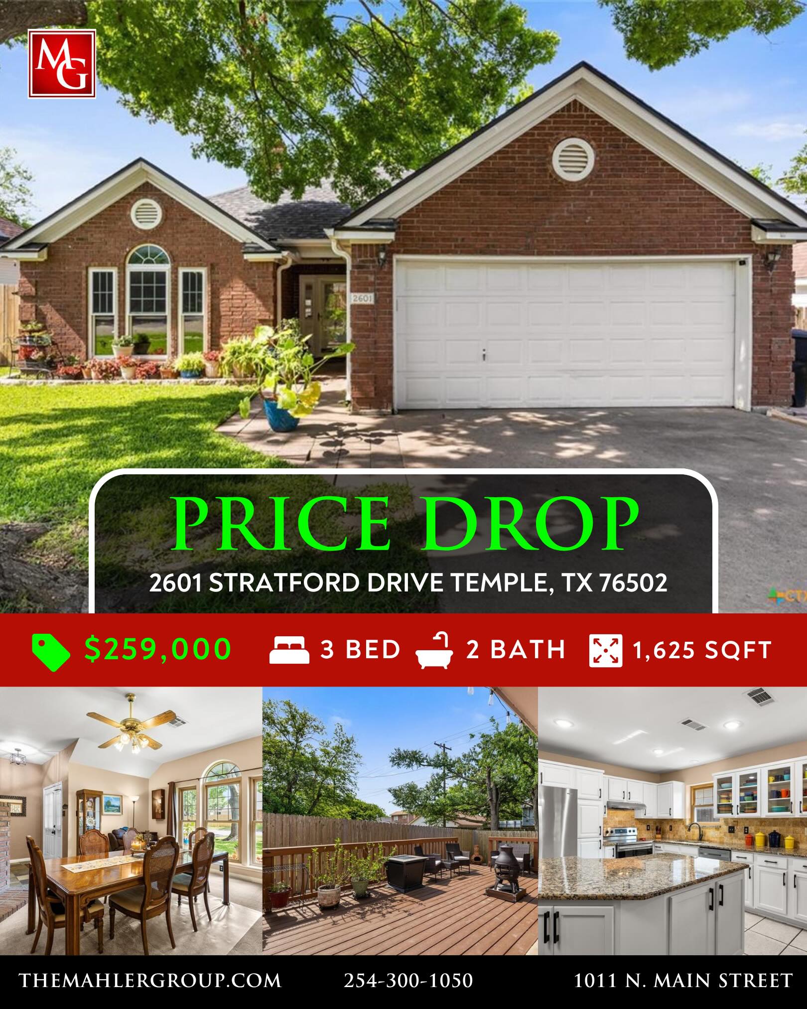 PRICE IMPROVEMENT!
2601 Stratford Drive Temple, TX 76502
3 Bed/2 Bath 1,625 Sqft
$259,000
COZY & INVITING 3/2 NESTLED IN ESTABLISHED CANYON CREEK! Surrounded by mature trees in both the front and back yards, this three-sided brick home offers a warm, functional layout with multiple living and dining possibilities. Inside, you’ll find a spacious living area, two dining spaces, and a beautiful double-sided wood-burning fireplace that adds charm and versatility. The updated kitchen features white painted cabinets, granite countertops, and stainless steel appliances. The large formal dining room could easily serve as a second living area, complete with a generous front-facing window and access to the fireplace. A flex space off the kitchen provides even more room to fit your lifestyle—perfect for a home office, workout room, playroom, or hobby space. The split bedroom floor plan offers privacy, with two secondary bedrooms located near the guest bath, while the primary suite features an ensuite bath with double vanities, a step-in shower, private toilet area, and his-and-hers closets. Out back, enjoy low-maintenance outdoor living with an expansive deck designed for cookouts, gatherings, and relaxing—no backyard mowing required! Outdoor storage is included. Conveniently located close to area hospitals, shopping, dining, and just minutes from I-35, this cozy Canyon Creek home is ready for its new owners!