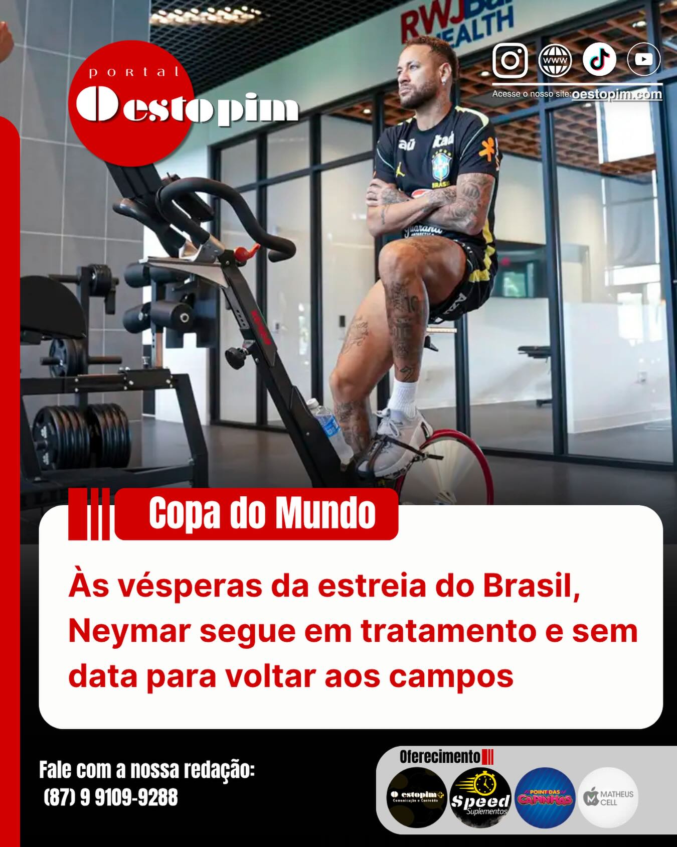 A CBF informou, nessa segunda-feira (8), que Neymar apresentou boa evolução no processo de recuperação de uma lesão na panturrilha direita.
Segundo nota oficial, o atacante passou por uma ressonância magnética que mostrou evolução dentro dos parâmetros esperados.
Apesar disso, ainda não há previsão para o retorno do camisa 10 aos gramados. A CBF informou apenas que Neymar seguirá o processo de recuperação e preparação física definido pela comissão médica da Seleção Brasileira.
A estreia do Brasil na Copa do Mundo será no próximo sábado (13), às 19h, contra Marrocos, em Nova Jersey.
No último sábado (6), a Seleção venceu o Egito por 2 a 1 em amistoso disputado em Cleveland. Neymar não acompanhou a delegação e permaneceu cumprindo a programação de recuperação.
Inicialmente, a informação era de que o jogador tinha um edema na panturrilha. Depois, exames complementares apontaram uma lesão de grau dois.
A Fifa permite mudanças na lista de convocados até 24 horas antes da estreia, mas Carlo Ancelotti já afirmou que Neymar não será cortado da Seleção.
Michael Andrade da redação de O Estopim
Fonte: Agência Brasil | Foto: Divulgação CBF
O Estopim - O começo da notícia
Acesse o nosso site e veja essa e outras notícias, oestopim.com
