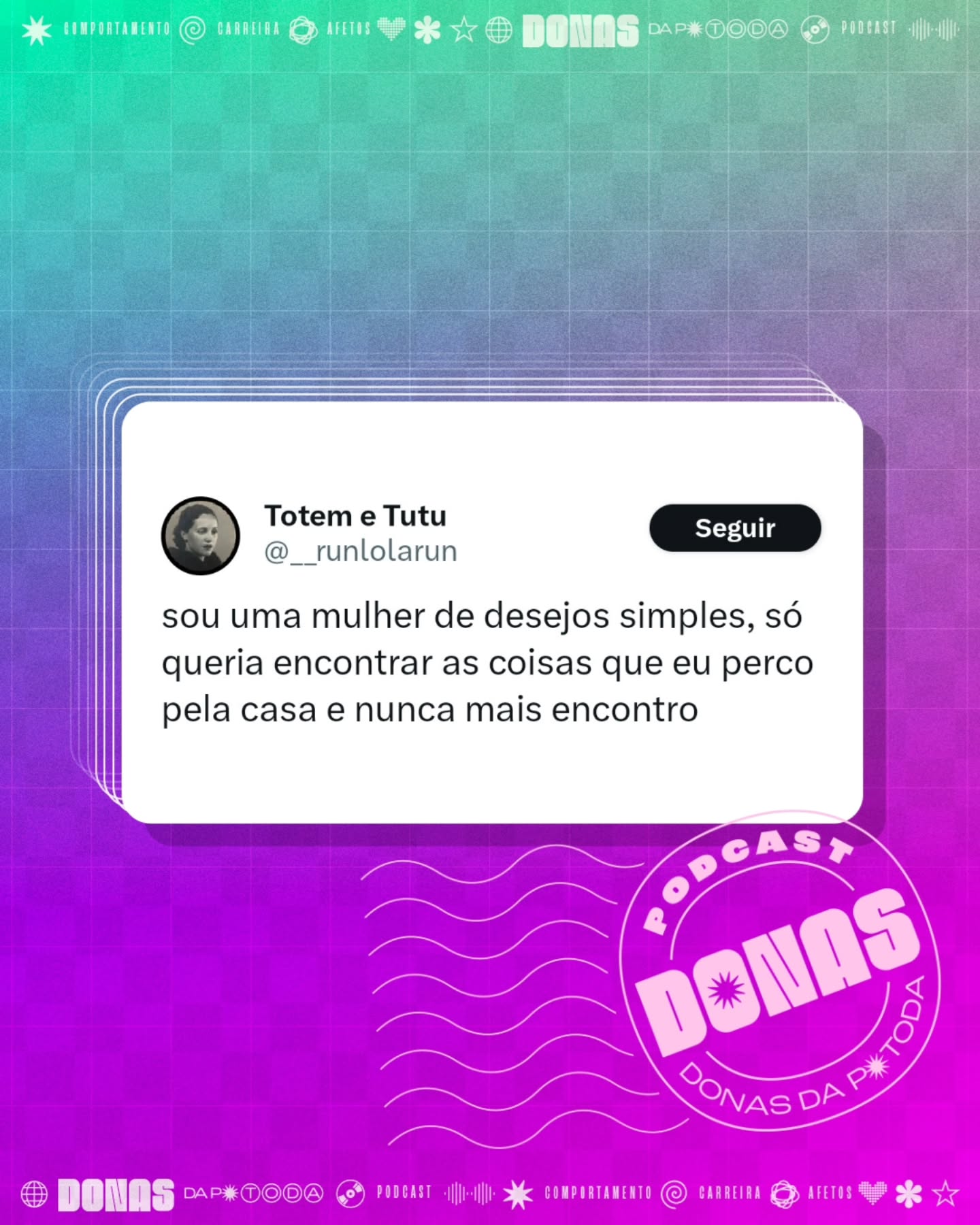 Segunda-feira, 8 de junho de 2026. Prontas para mais uma semana e mais uma curadoria de tweets?
Nesta terça tem episódio novo no ar. Aproveita para seguir o Donas e avaliar com 5 estrelas no Spotify e na Apple Podcasts.
Contribua com a nossa campanha de financiamento coletivo em apoia.se/donasdaptoda e receba conteúdos exclusivos, brindes e muito mais
#donasdaptoda #podcasts #mulherespodcasters
