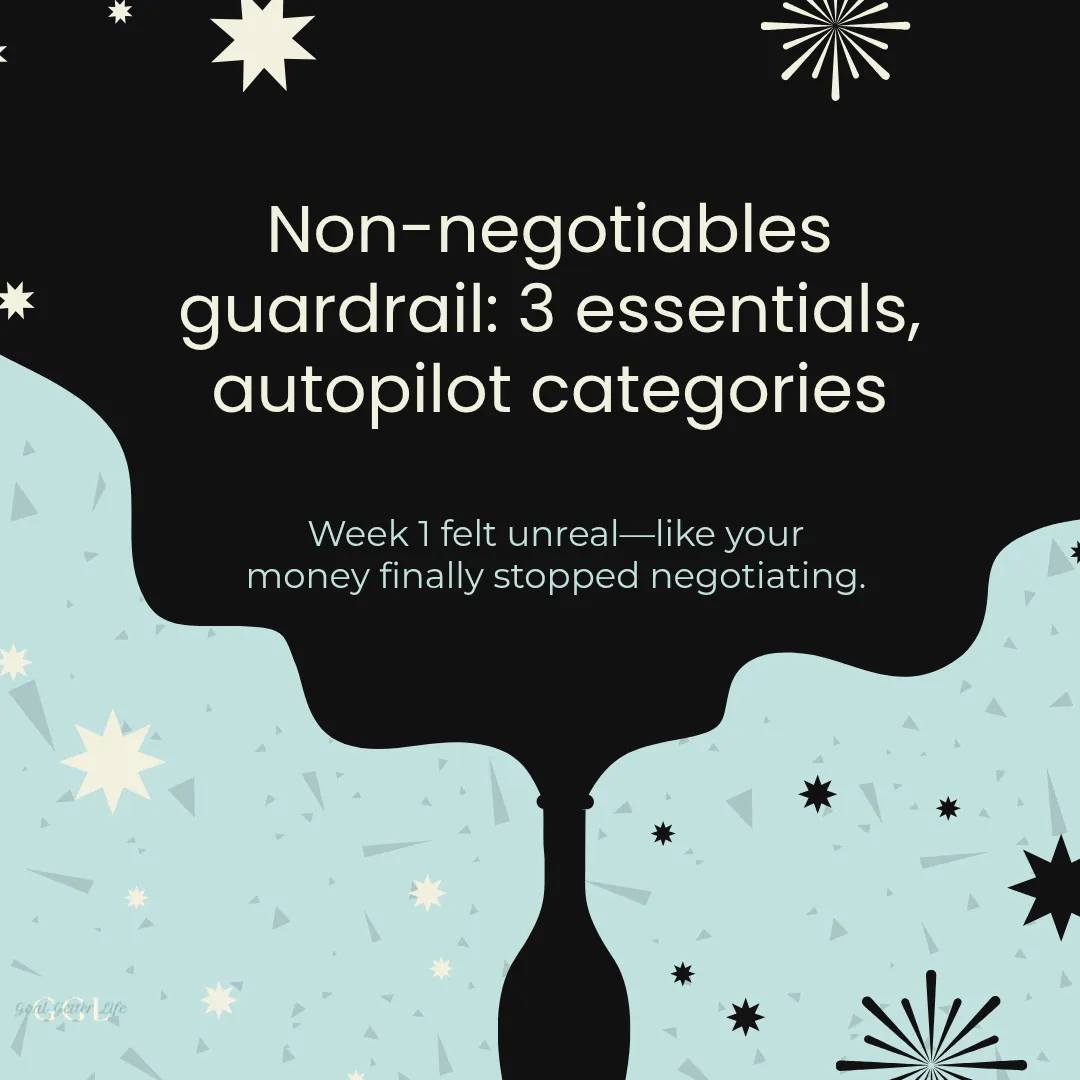 “Money finally stopped negotiating.” That week you set aside variable spending—and your essentials were covered—your shoulders probably dropped a little 😌
Try our non-negotiables guardrail (instead of listing every bill):
1) Write your 3 essentials that keep life running (housing, insurance, transportation—whatever yours are).
2) Give each one a monthly “autopilot” category.
3) Set your card/transfer for everything else to spend after those are handled.
It’s amazing how quickly variable spending stops competing when you see your priorities in black and white.
If you want, comment with your 3 essentials and we’ll cheer you on (and help you sanity-check the categories).
Subscribe to our newsletter for uplifting insights
#GrowthMindset #IntentionalLiving #MoneyMindset #BudgetingTips #GoalGetterLife