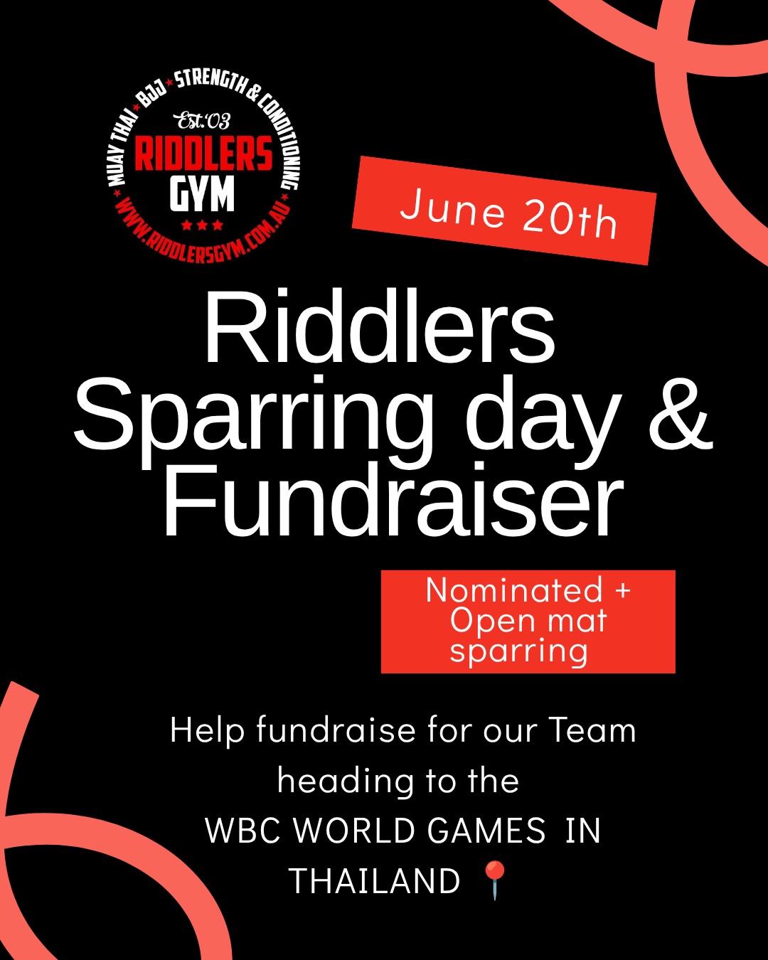 SPARRING DAY & FUNDRAISER 🥊✈️🇹🇭
A Riddlers Gym in House event
Saturday June 20th - 12pm onwards
Help support Team Riddlers on their journey to the WBC World Games in Bangkok, Thailand!
@courtney_lockley @cambobailey @_tah_lia_
This event will help raise funds towards our athletes’ travel, accommodation, and competition expenses as they represent Australia on the world stage.
🥊 Nominations are now open at the front desk — $20 donation per competitor.
OR
🤝 Be a part of the Open Mat Sparring. Spar as many people as you’d like — $20 Donation for Open Mat
— $10 Donation for Spectating
OR
🎟️ Grab a raffle ticket for your chance to win some amazing prizes while supporting the team!
OR
🎁 Want to just give a Donation? Link is in BIO, QR Codes are in the gym and Cash Jar is at the front desk ❤️🖤
Every contribution helps. Thank you for backing our athletes and being part of the journey. ❤️🖤
HUGE THANK YOU to the People and Businesses that have jumped onboard and have donated their Time, Services and Products towards our raffles! You all are incredibly generous ❤️
LETS GO TEAM AUSTRALIA 🇦🇺🦘🐨
#riddlersgym #muaythai #australia #localathletes #community