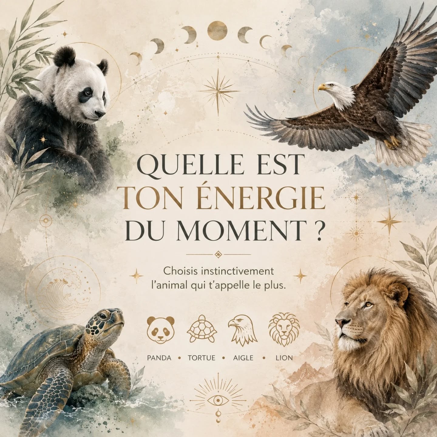 🐼 🐢 🦅 🦁
Et si ton intuition avait un message à te transmettre aujourd'hui ?
Choisis simplement l'animal qui t'attire le plus, sans réfléchir.
Le Panda, la Tortue, l'Aigle ou le Lion...
Chaque animal porte une énergie différente et un message qui pourrait résonner avec ce que tu traverses actuellement.
Alors, lequel t'appelle en premier ? ✨
Dis-moi en commentaire : 🐼 Panda 🐢 Tortue 🦅 Aigle 🦁 Lion
Je suis curieuse de découvrir quelle énergie vous accompagne en ce moment. 🌙
#AnimalTotem
#MessageDuJour
#DeveloppementPersonnel
#Intuition
#ChantalVitalis