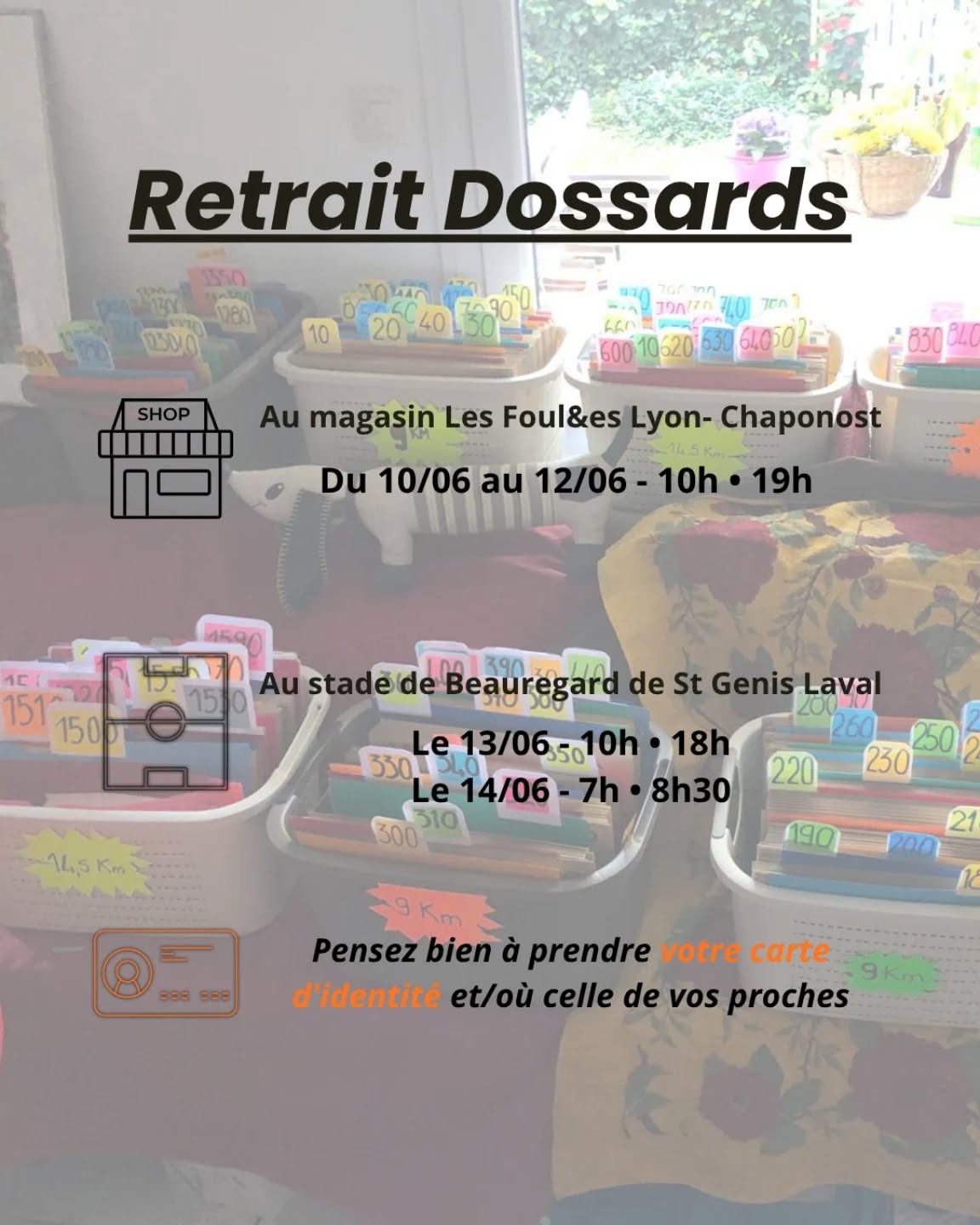 Retrait dossard 🎫
La course approche et il est temps de venir chercher votre dossard !!
• De mercredi à vendredi, au magasin des @foulees_lyonchaponost de 10h à 19h.
• Samedi toute la journée au stade de Beauregard de 10h à 18h.
• Dimanche matin avant les départs des courses à partir de 7h jusqu'à 8h30.
⚠️ - Pas de carte d'identité = Pas de dossard !
Si vous souhaitez retirer le dossard d'un proche où d'un ami, merci de se munir de sa pièce d'identité 😉
Hâte de vous voir 🥳
#LesFouléesDeBeauregard #Solidarité #Handicap #Course