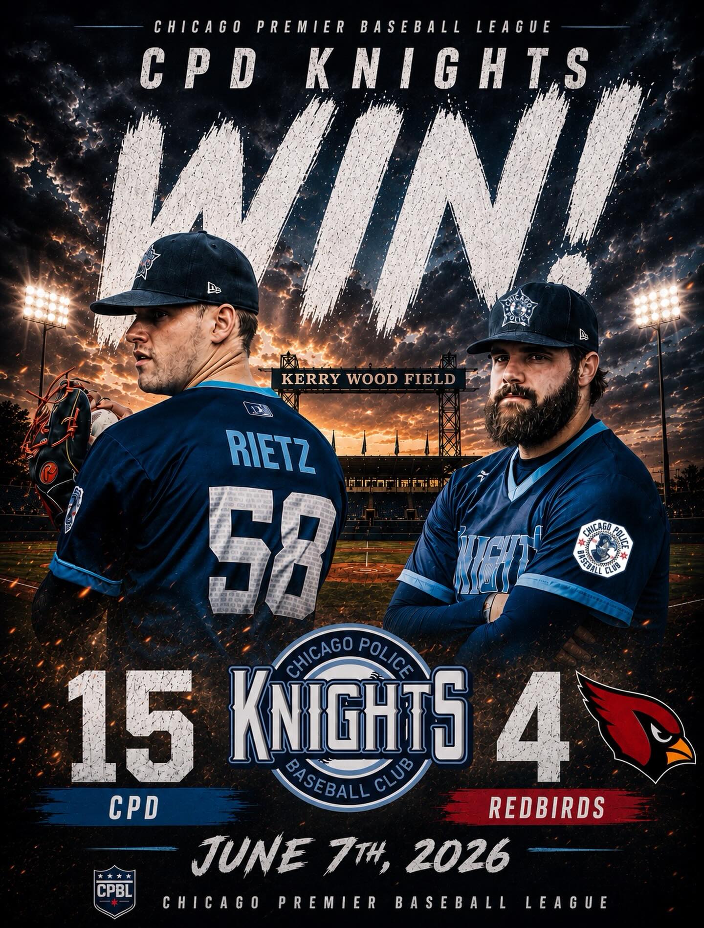 CPD Knights 15, Second City Redbirds 4
Your CPD Knights put together a complete team effort on Sunday, rolling past the Second City Redbirds by a final score of 15-4.
On the mound, Det. B. Rietz set the tone early, turning in another dominant performance. The right-hander worked 4 innings, allowing just 1 earned run while racking up 8 strikeouts. He attacked the strike zone from the first pitch and kept the Redbirds’ offense off balance all afternoon.
Ofc. E. Torres took over in relief and slammed the door shut, tossing 4 strong innings while striking out 6 hitters. Torres battled through adversity, allowing 3 earned runs, but made the big pitches when it mattered to preserve the Knights’ commanding lead.
Offensively, the Knights exploded at the plate. Sgt. M. Hughes led the charge with a monster day, driving in 5 runs and delivering a clutch 2-run double that blew the game open and shifted all momentum in favor of the boys in blue.
Ofc. A. Cintron continued his hot hitting, collecting 2 hits and 2 RBIs, providing key production throughout the lineup.
From top to bottom, the Knights executed in the biggest moments of the game coming through with timely hitting, quality at-bats, and strong pitching when opportunities presented themselves.
A great all-around performance and another hard-earned victory for the CPD Knights as they continue to build momentum throughout the season.
Final Score
⚾ CPD Knights – 15
⚾ Second City Redbirds – 4
#BiggerThanBaseball #CPDKnights #BoysInBlue #CPDBaseball #KnightsBaseball TeamWin VictorySunday ChicagoPoliceKnights